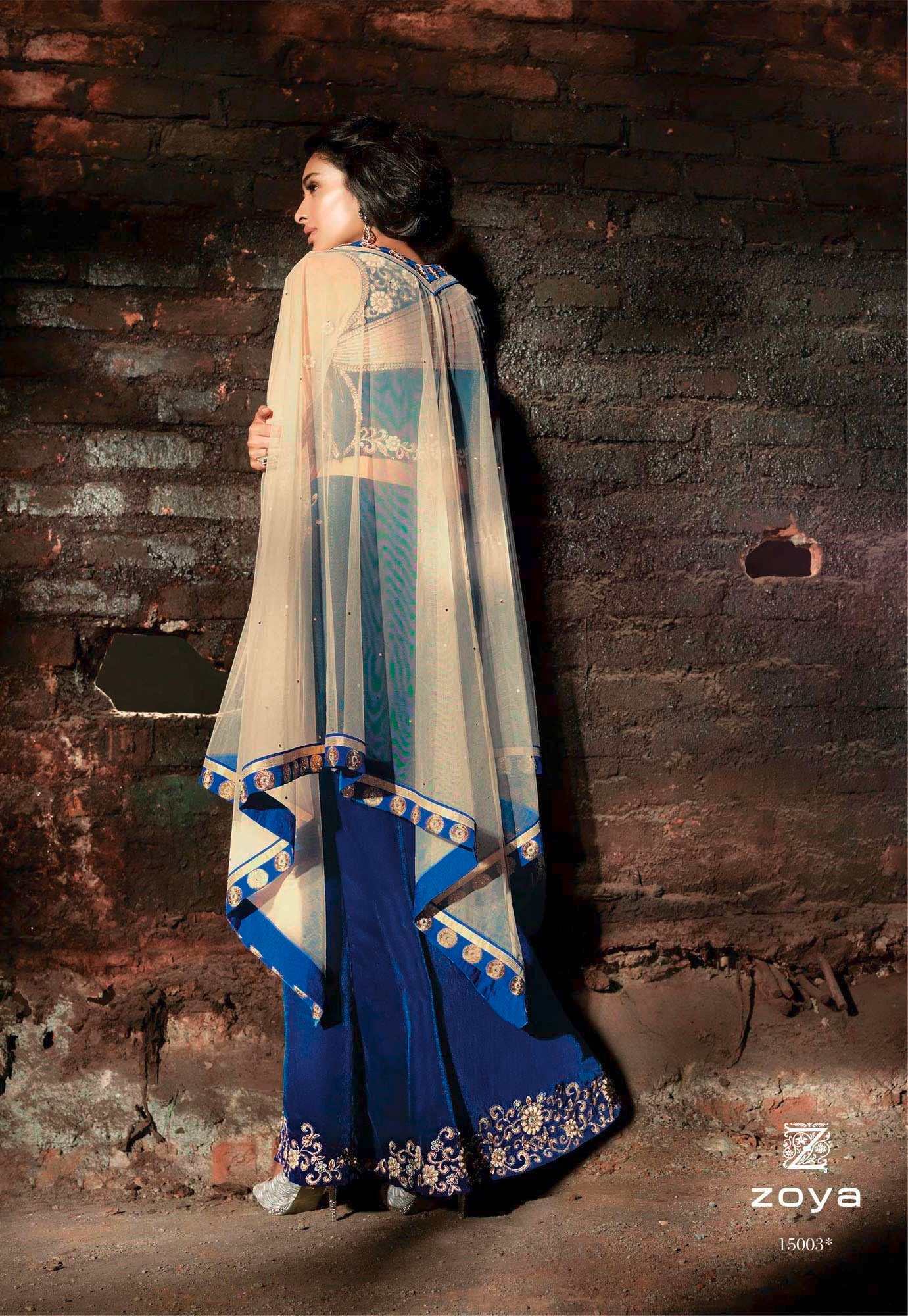 Blue Beige Velvet Indo Western Semi Stitched Suit 15003