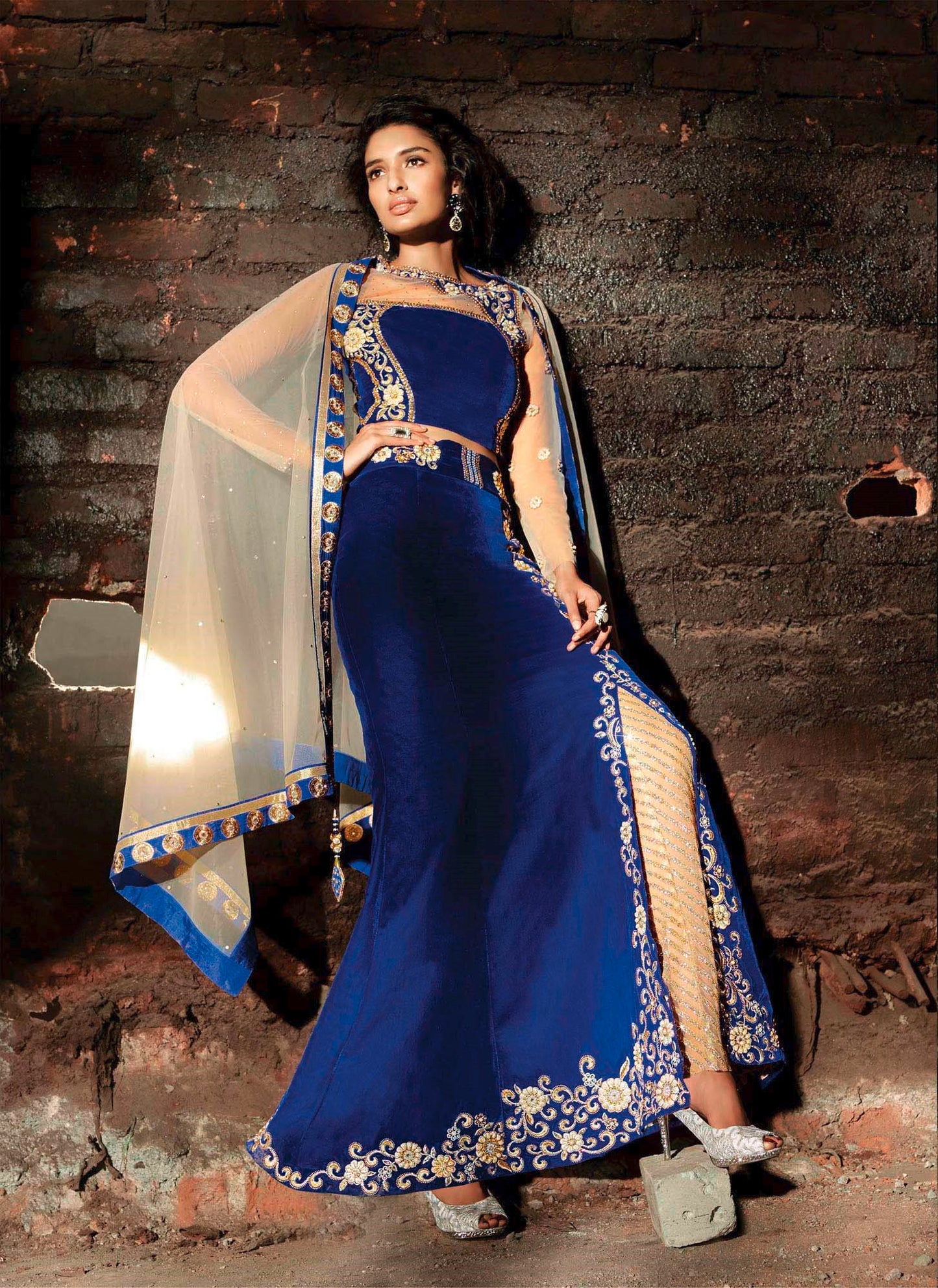 Blue Beige Velvet Indo Western Semi Stitched Suit 15003