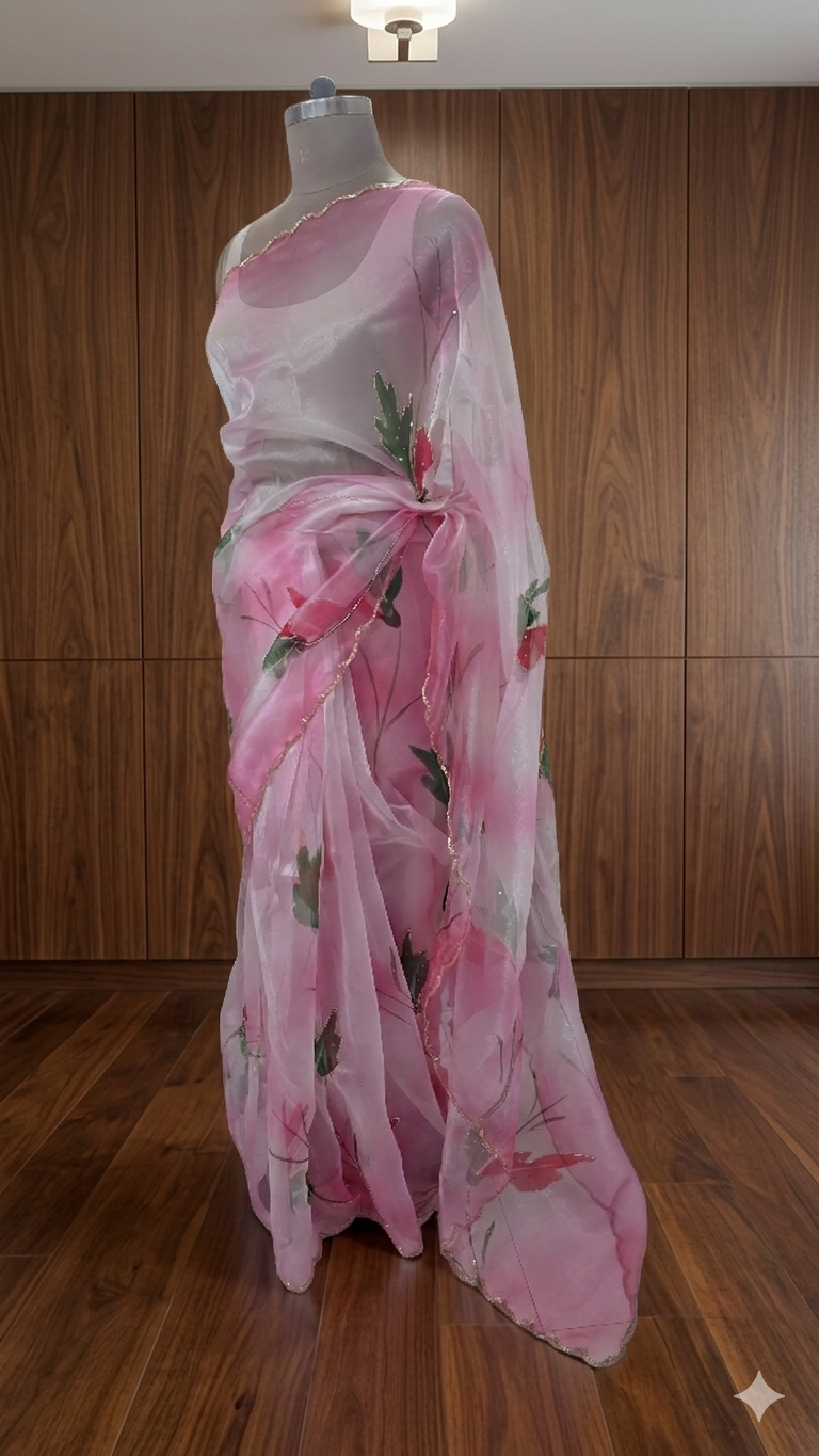 Pink Organza Tissue Silk Printed Embellished saree