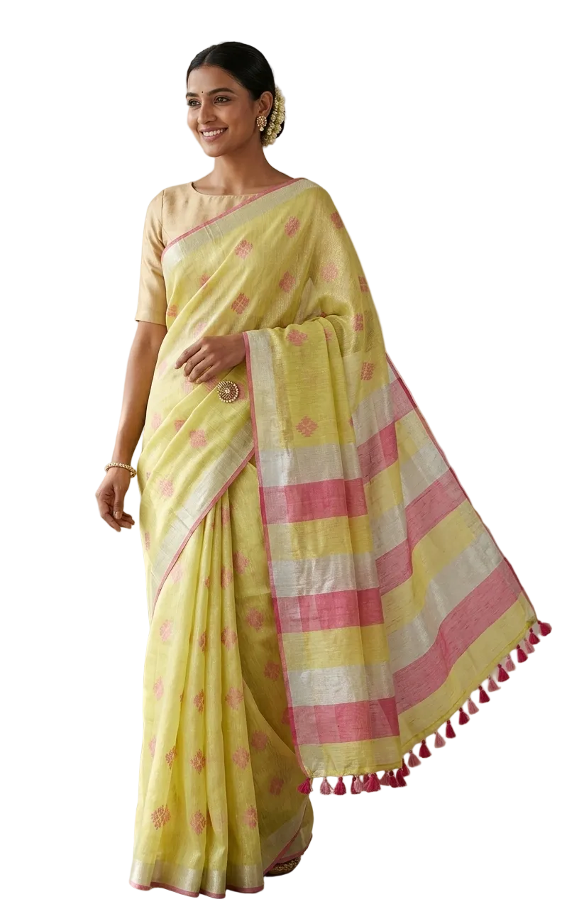 <transcy>Bordure Argentée Tissu Vert Lin Coton Weaven Saree BLS06</transcy>