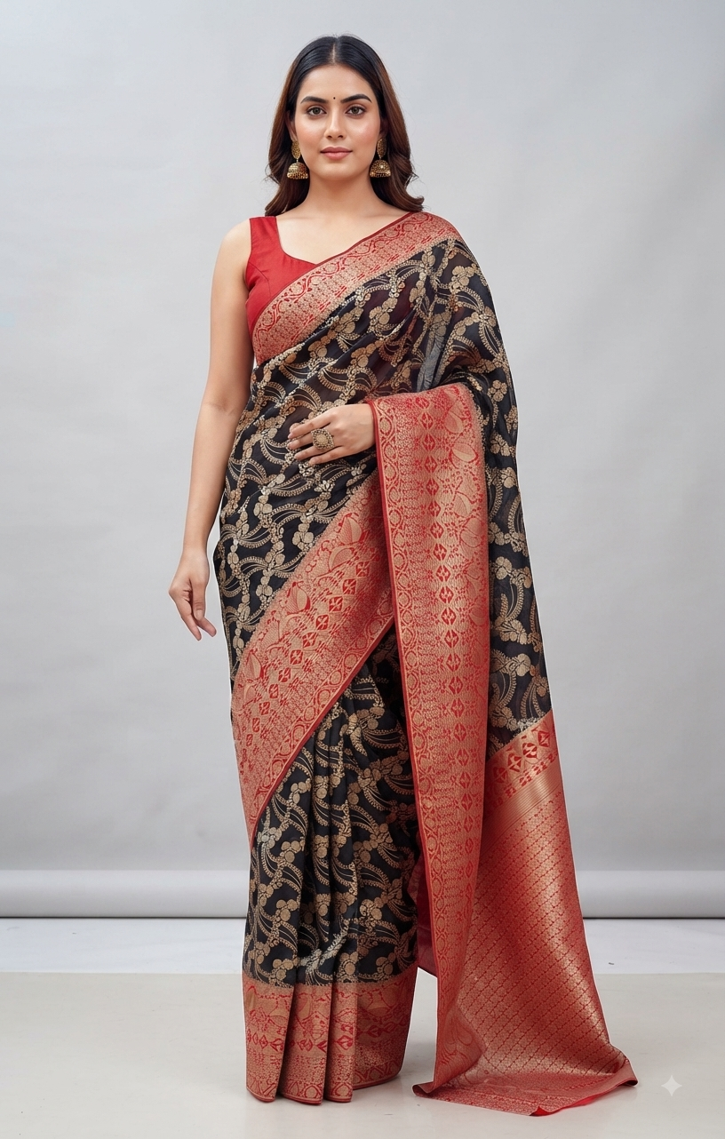 Designer Black Weaven Pure Silk Saree MAN1807