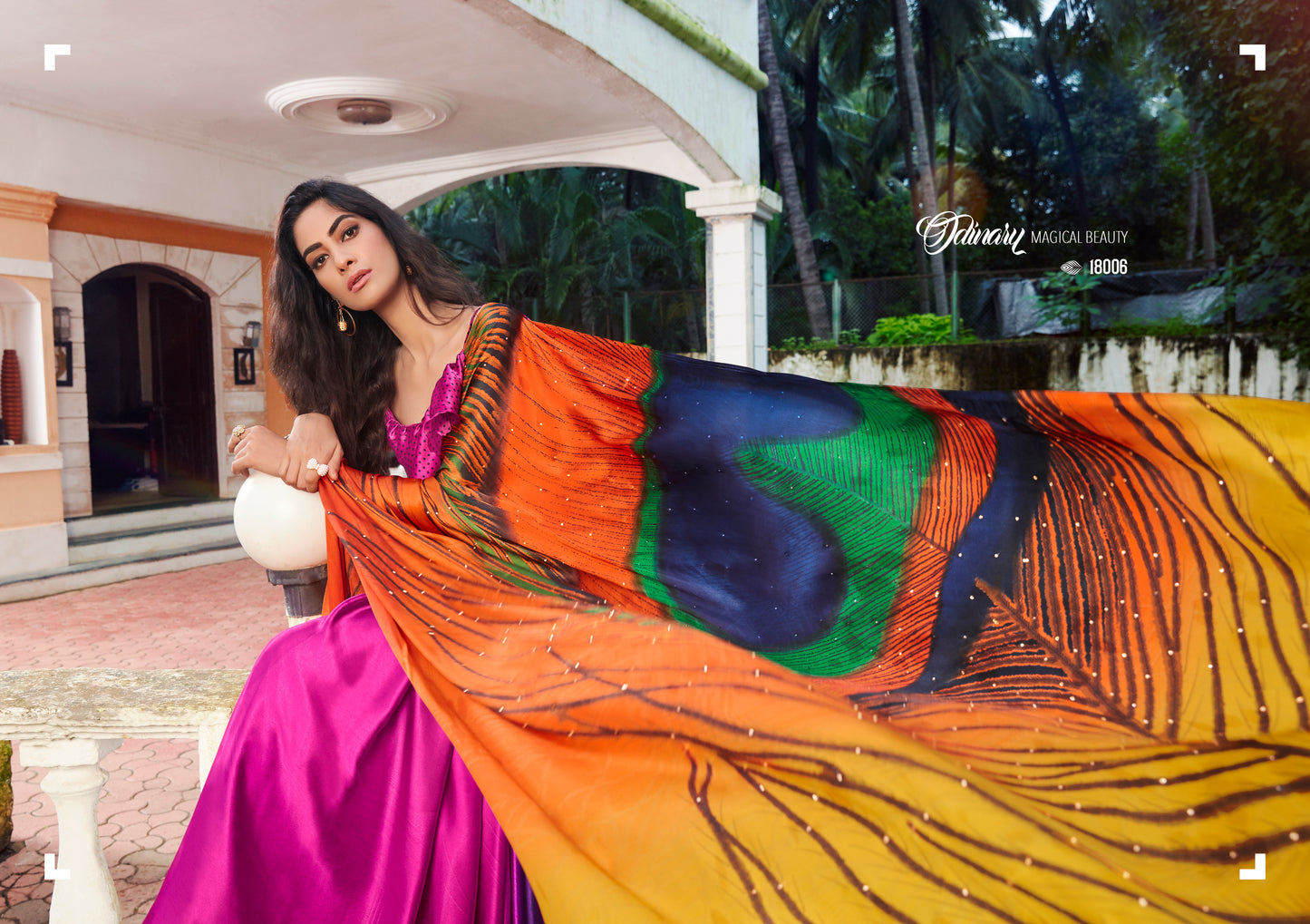 Designer Peacock Feather Pink Multi Printed Crepe Saree VAR06