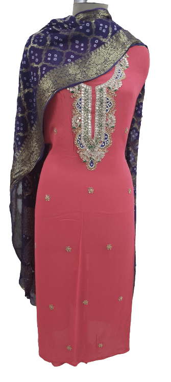 Jaipuri Kundan Hand Work Gazari Pink Georgette Kurti Kurta Fabric GP40 - Ethnic's By Anvi Creations