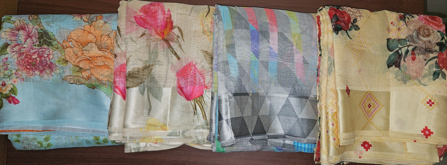 Wholesale Set of 4 Soft Linen Cotton Printed Sarees – Floral & Trendy Designer Collection SH
