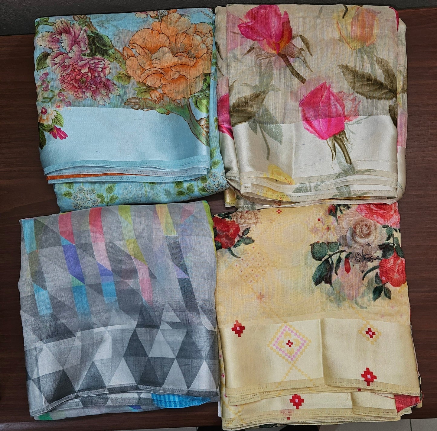 Wholesale Set of 4 Soft Linen Cotton Printed Sarees – Floral & Trendy Designer Collection SH
