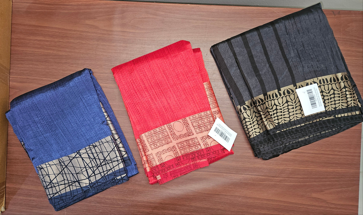 Wholesale Set of 3 Printed Crepe Sarees with Contrast Border – Lightweight Daily Wear Combo ana