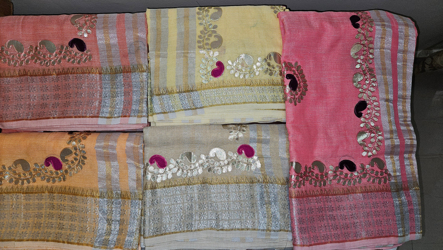 Wholesale Set of 5 Soft Linen Cotton Sarees with Gota Patti work Elegant Weaving Border
