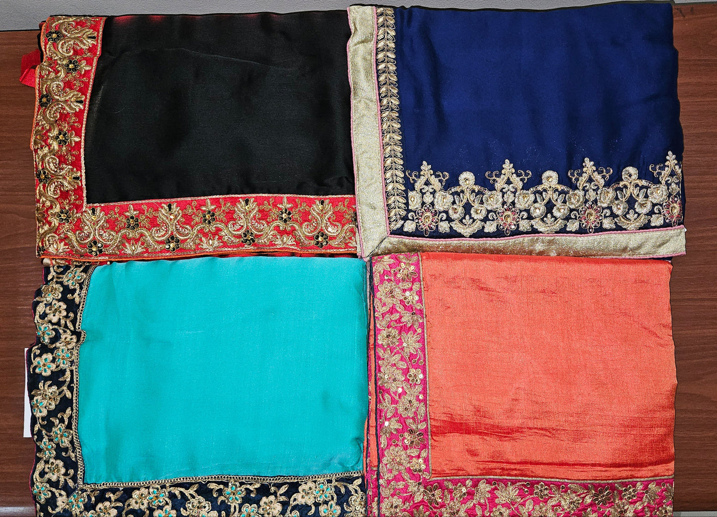 Set of 4 Designer Satin Georgette Sarees with Embroidered Borders & Heavy Work Blouse | Wholesale Party Wear Sarees Combo