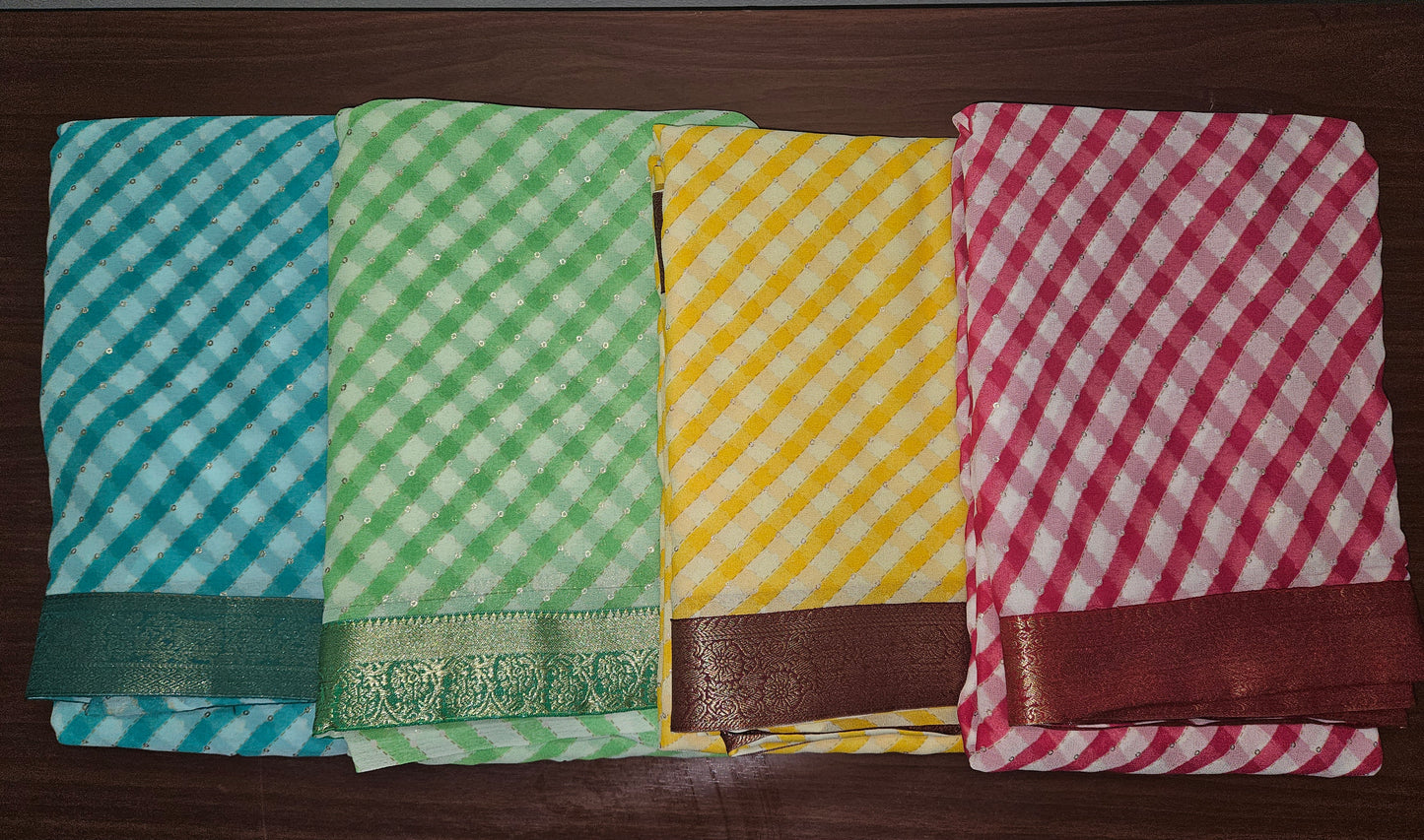 Wholesale Combo Set of 4 Lehariya Printed Georgette Sarees with Rich Brocade Borders | Light Weight Daily Wear & Festive Collection