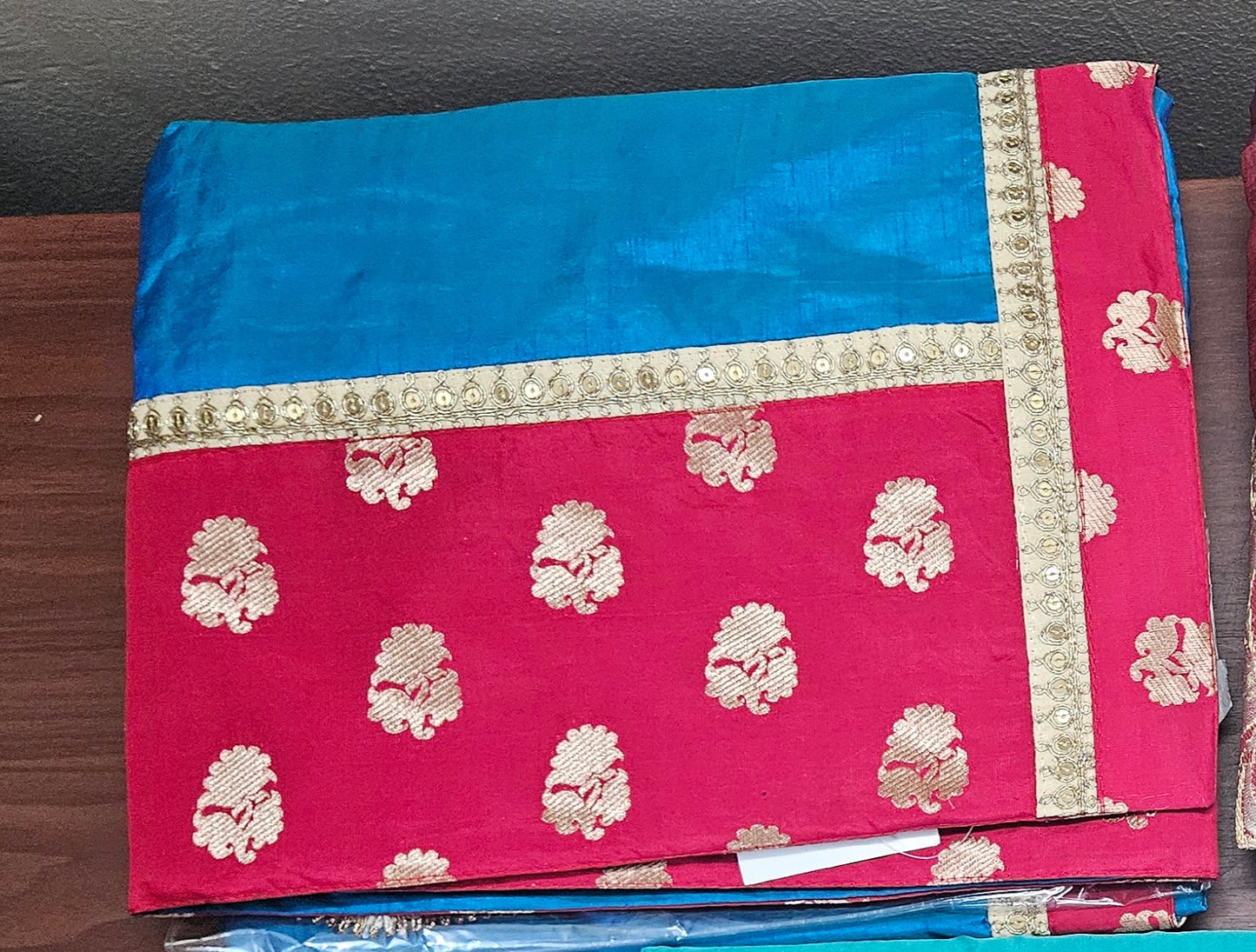 Blue Dupion Silk Saree with Embroidered Work Border & Dual Blouse