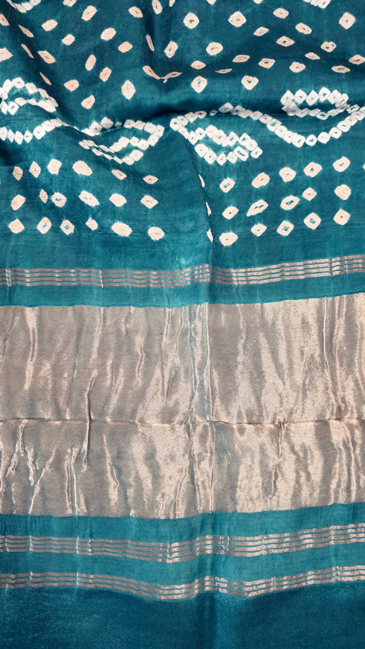 Turquoise Green Jaipuri Handcrafted Modal Gajji Bandhani Saree with Lagdi Patta Authentic Bandhej BANL02