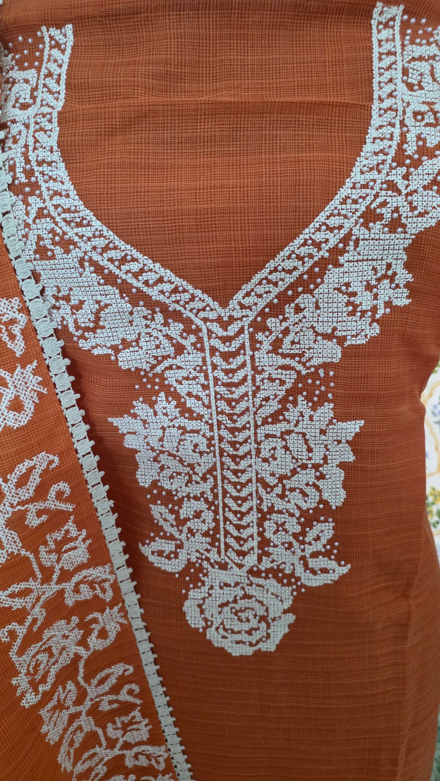 Rust Orange three piece Kota Cotton Cross stitch work suit dress material