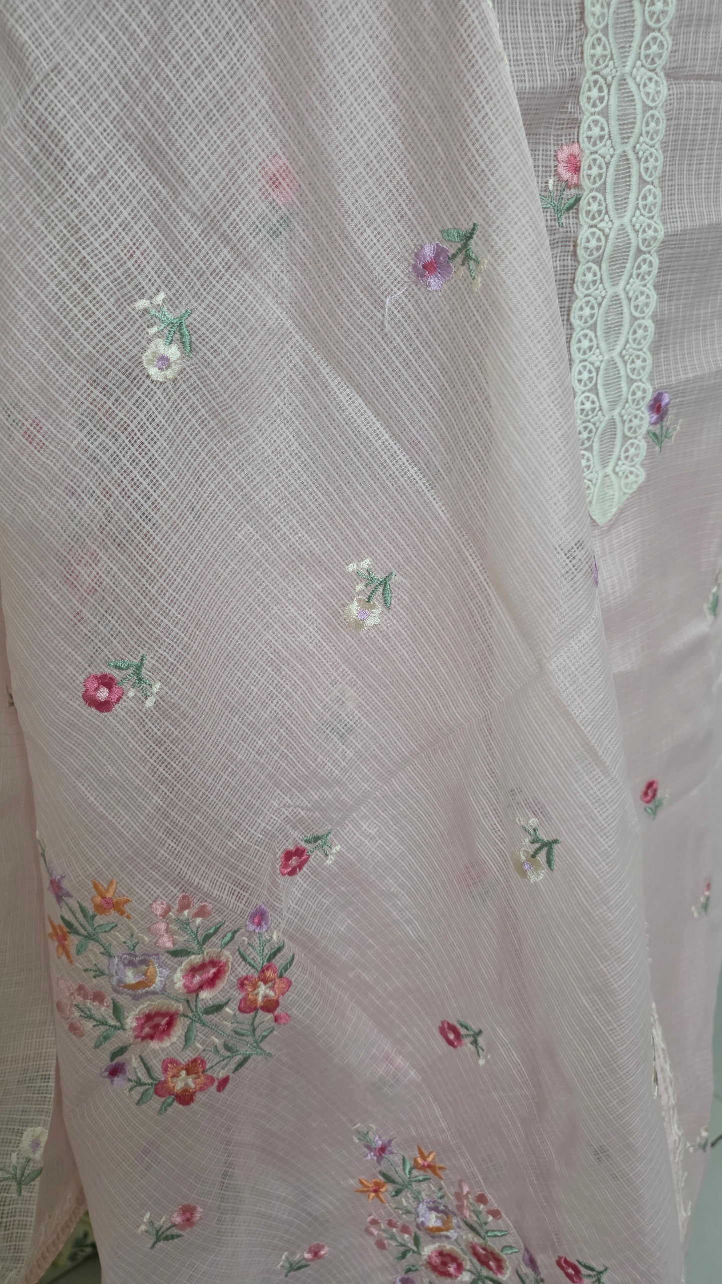 Pastel Pink three piece Kota Cotton embroidered suit dress material