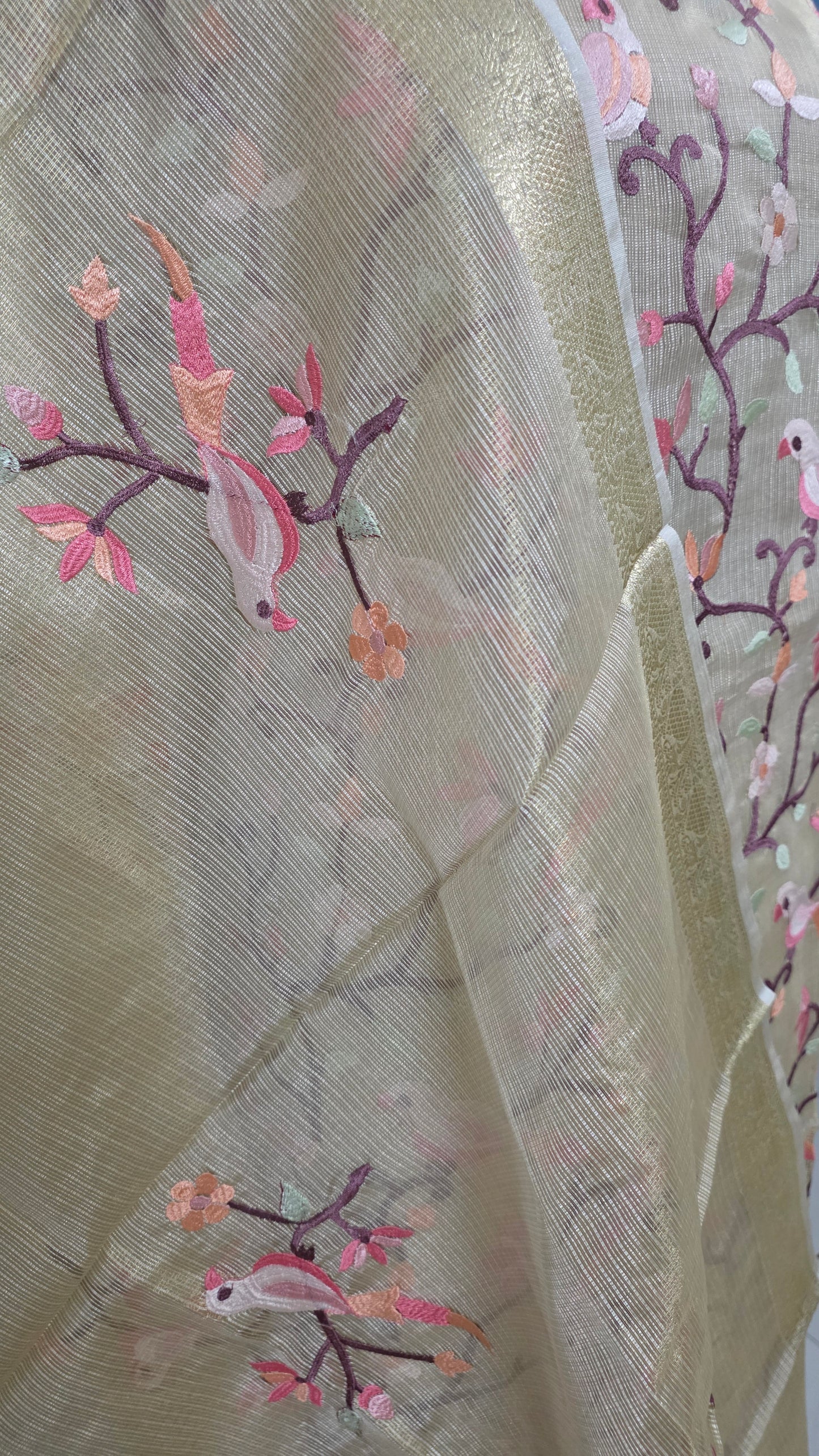 Golden Beige Tissue Kota Bird Motif embroidery suit dress material