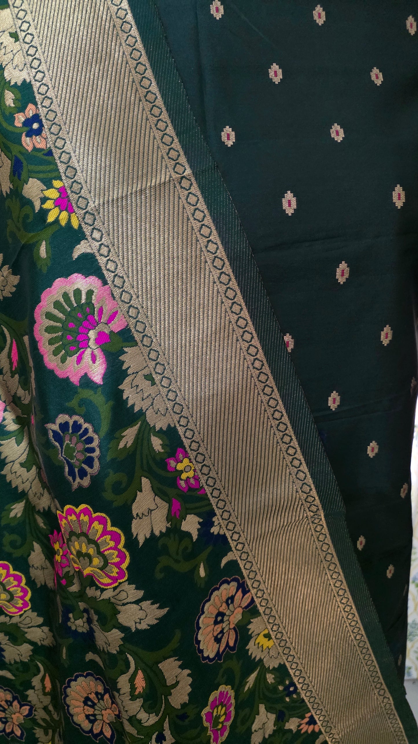 Banarasi Katan Silk Bottle Green three Piece Dress Material Suit Set with Weaving Dupatta