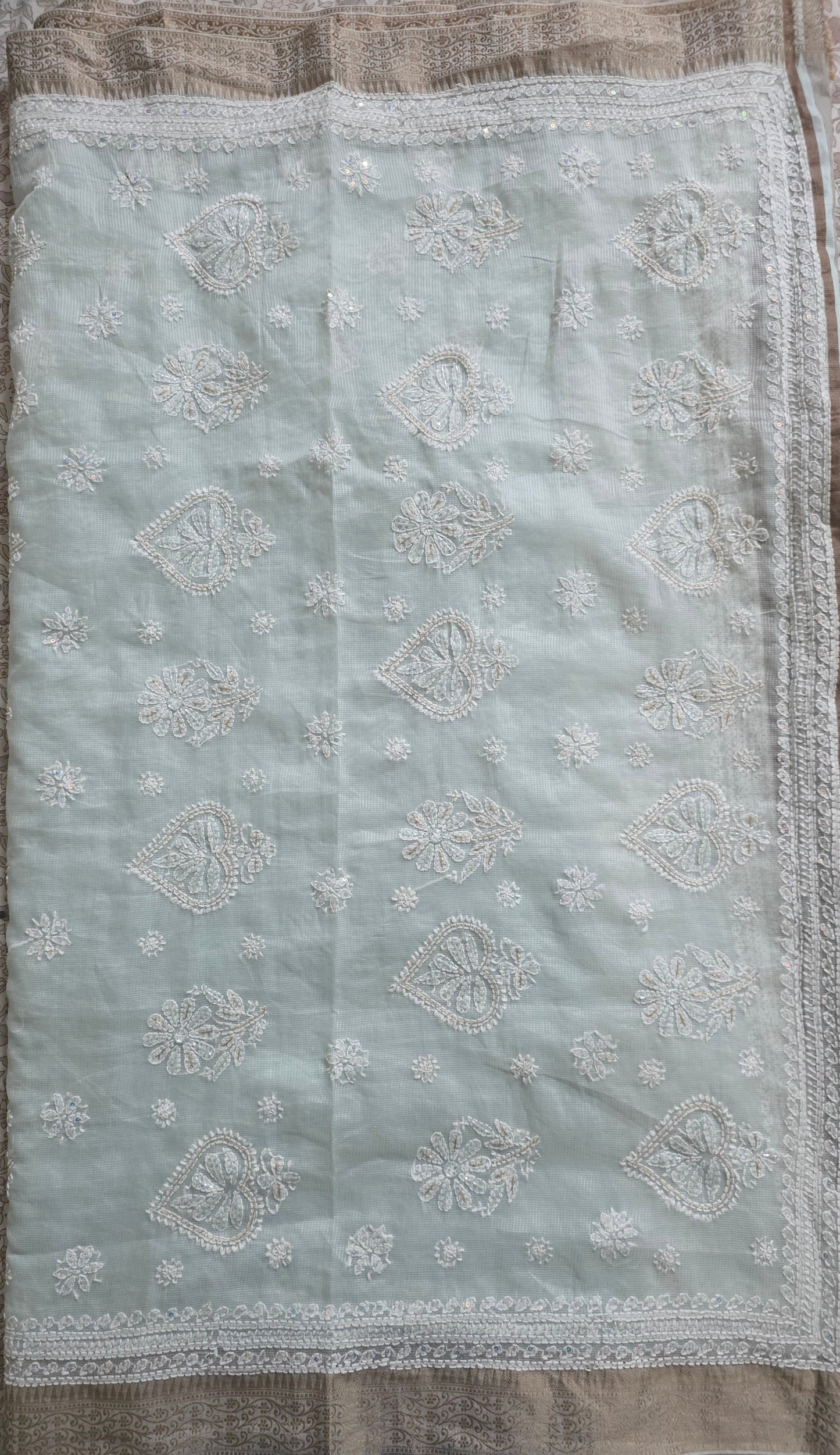 Original Chikankari Hand Work Kota Turquoise Cotton saree with Handloom Border and Cutdana Sequin embroidery