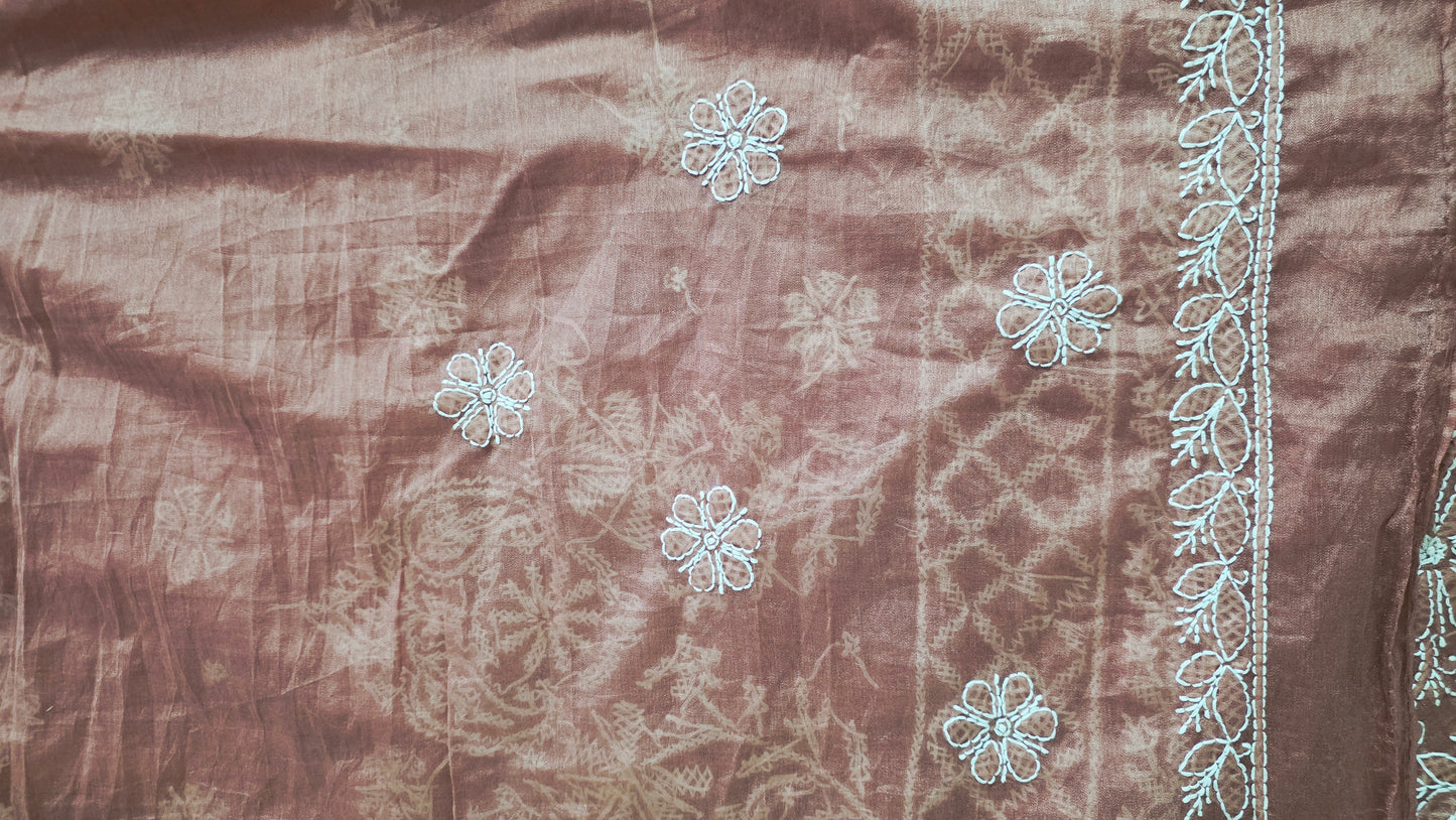 Hand work Lakhnavi Chikankari Light brown Chanderi Saree