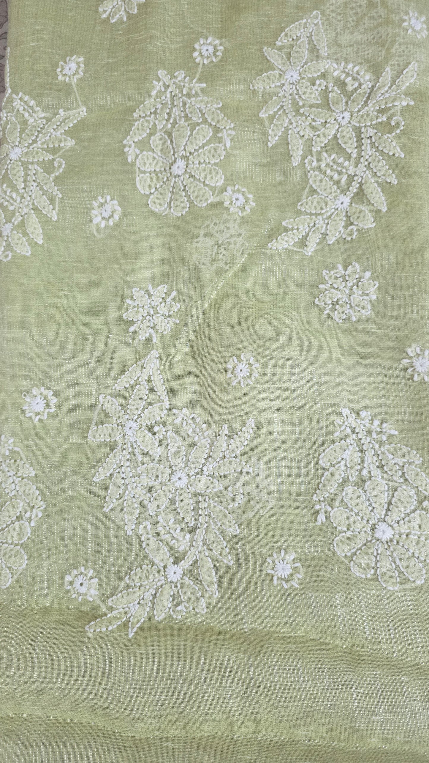 Original Chikankari Hand Work Tissue Kota Light Green saree with Gold Border