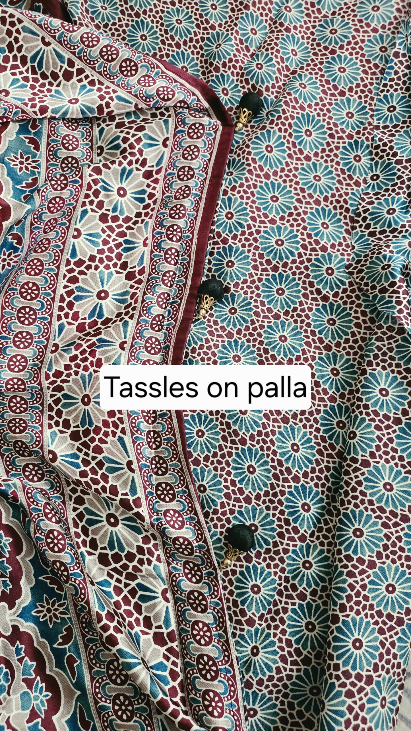 Cream Blue Striped screen printed satin Modal saree with Ajrakh print