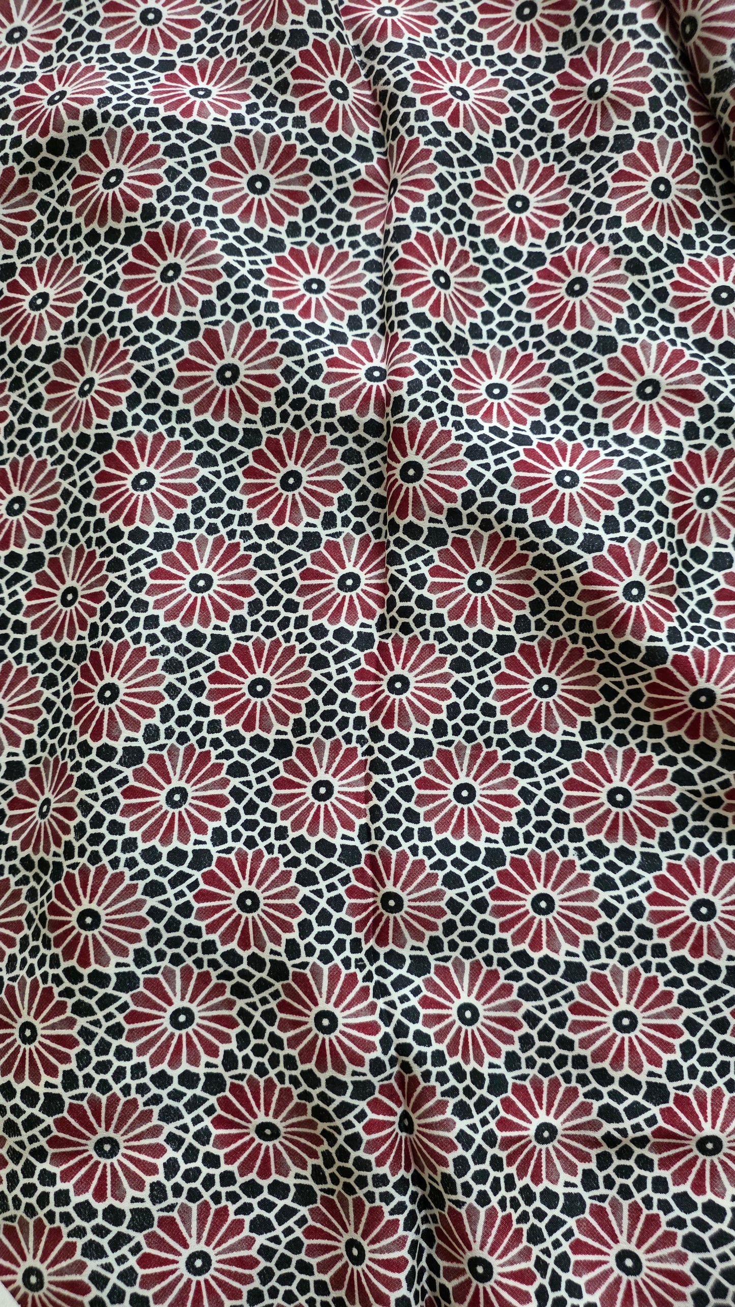 Cream Red Striped screen printed satin Modal saree with Ajrakh print