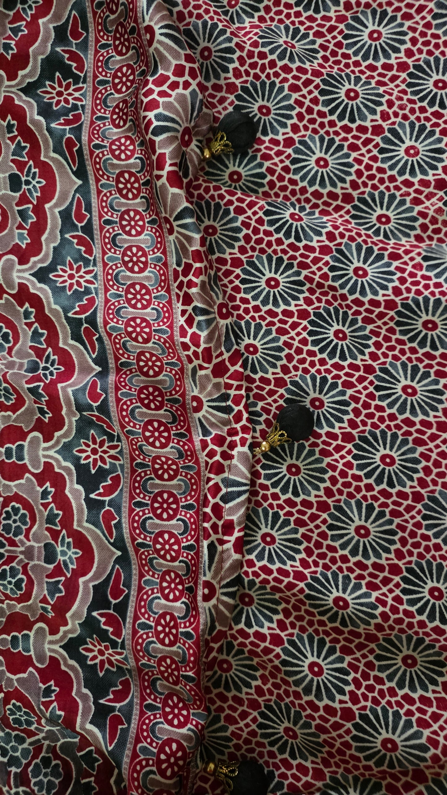 Cream Black Striped screen printed satin Modal saree with Ajrakh print