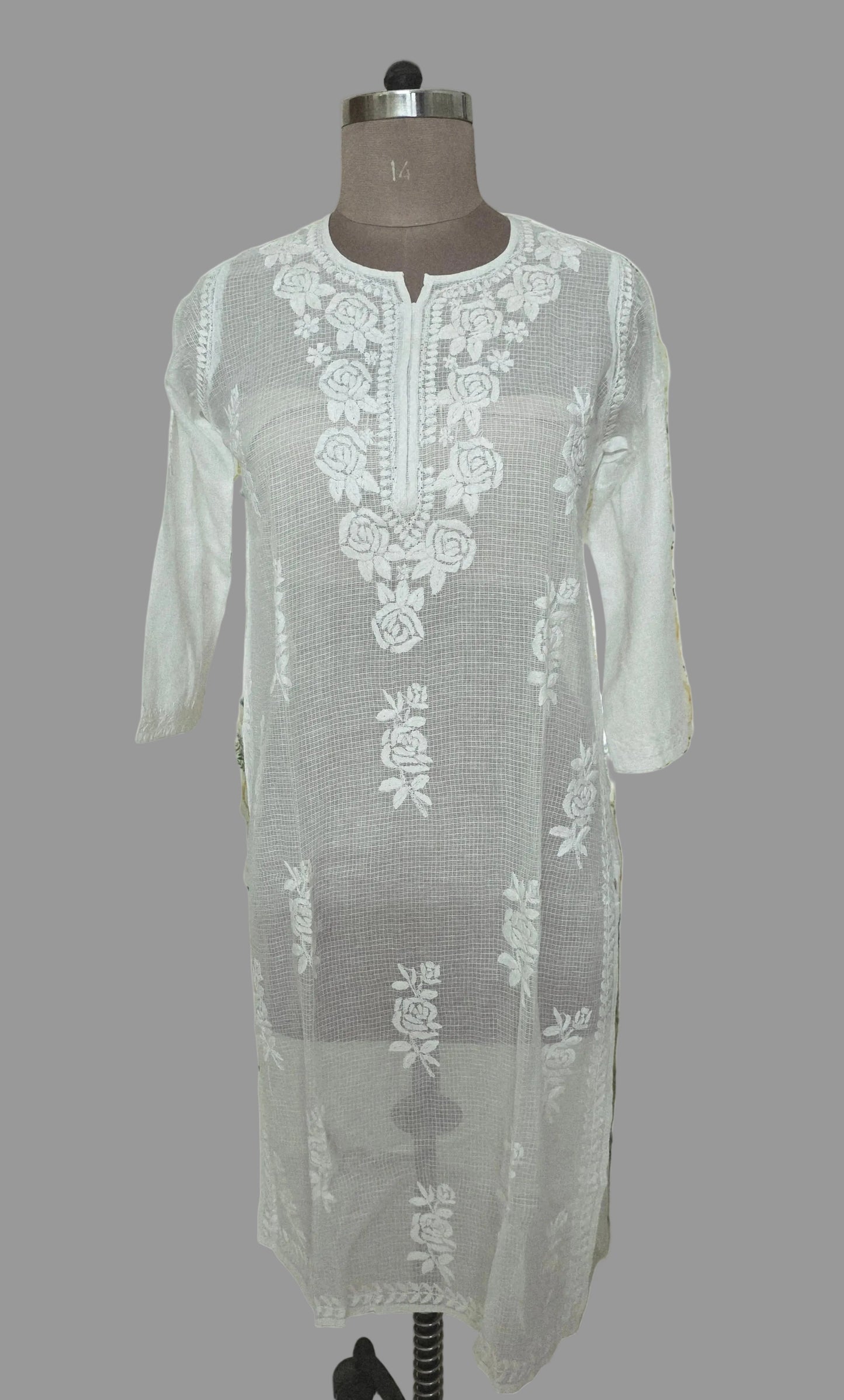 Designer White Chikankari Kota Cotton Hand Work Kurti (Free size upto 42)
