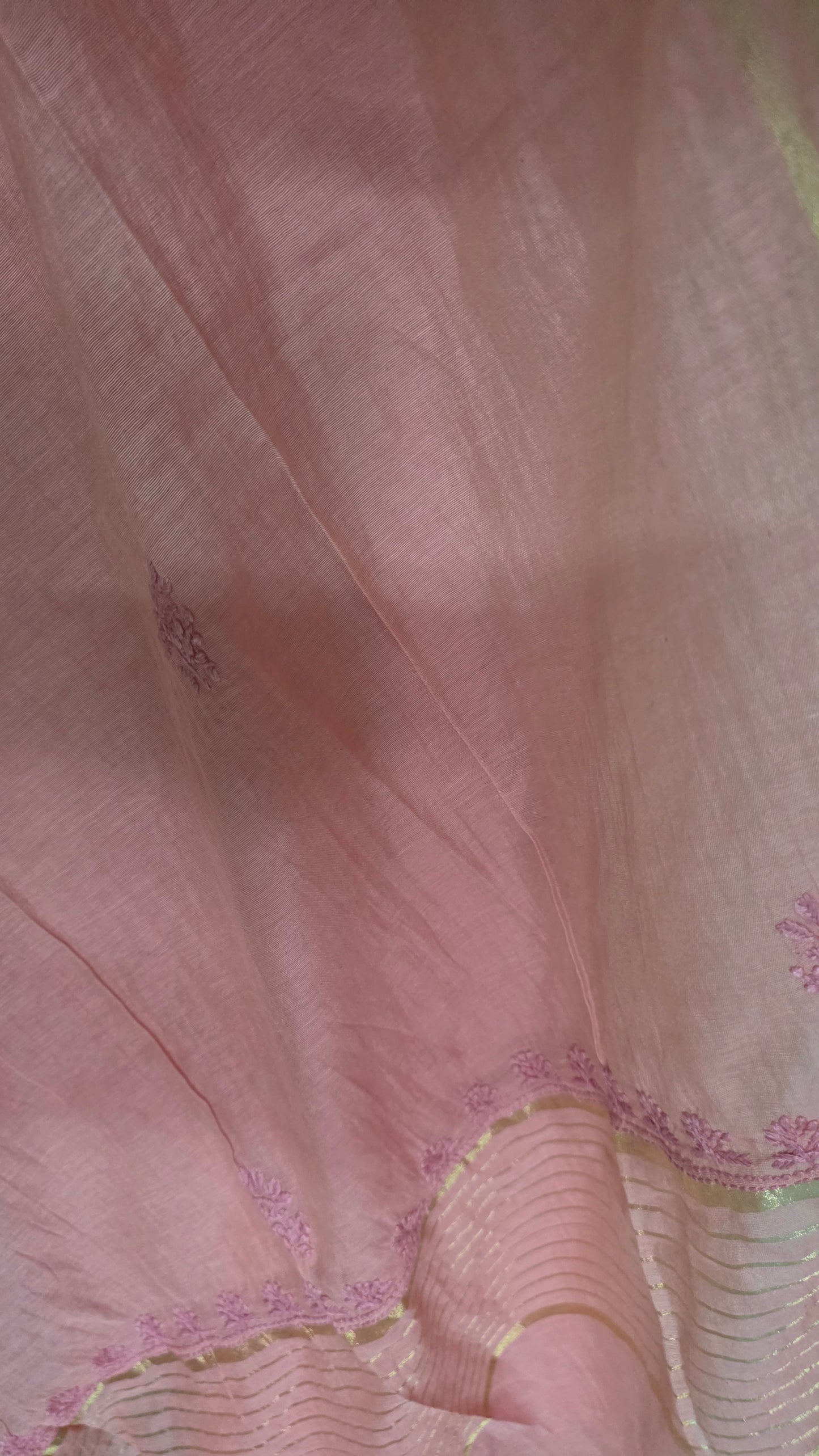 Peachy Pink Mul Chanderi Chikankari Two piece Suit Dress Material