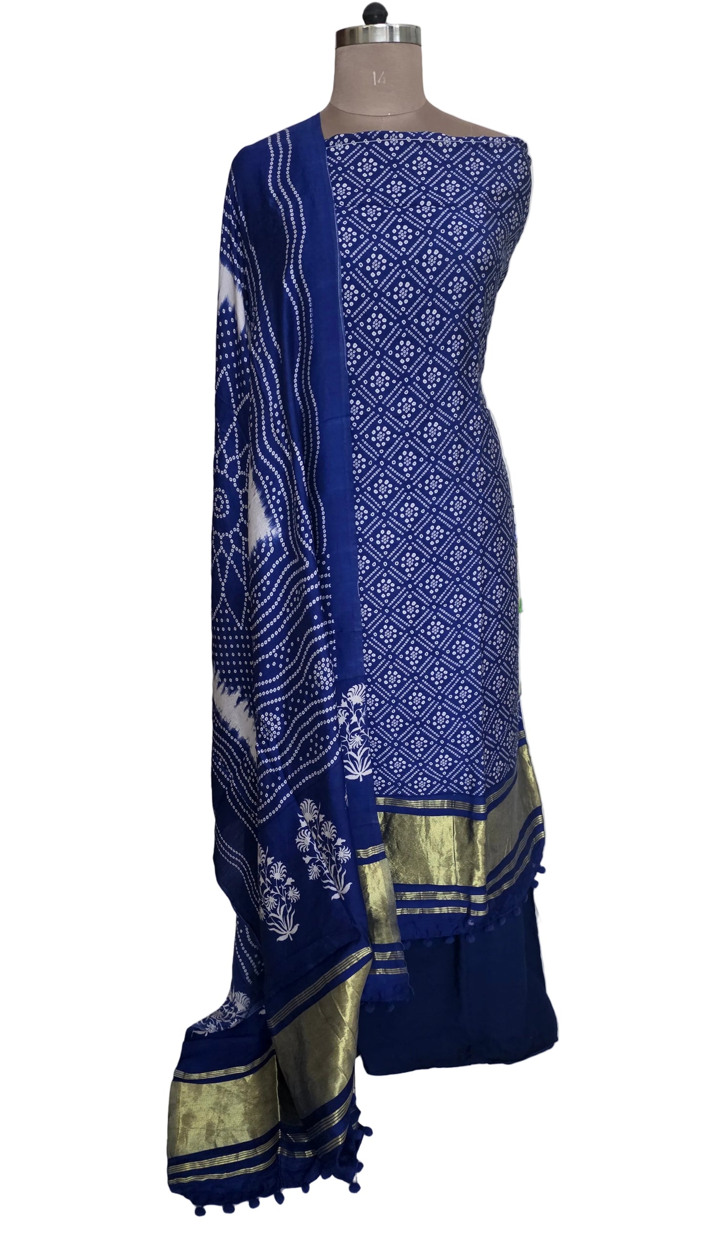 Blue Bandhej Bandhani Printed Faux crepe Lagdi Patta Suit Dress Material
