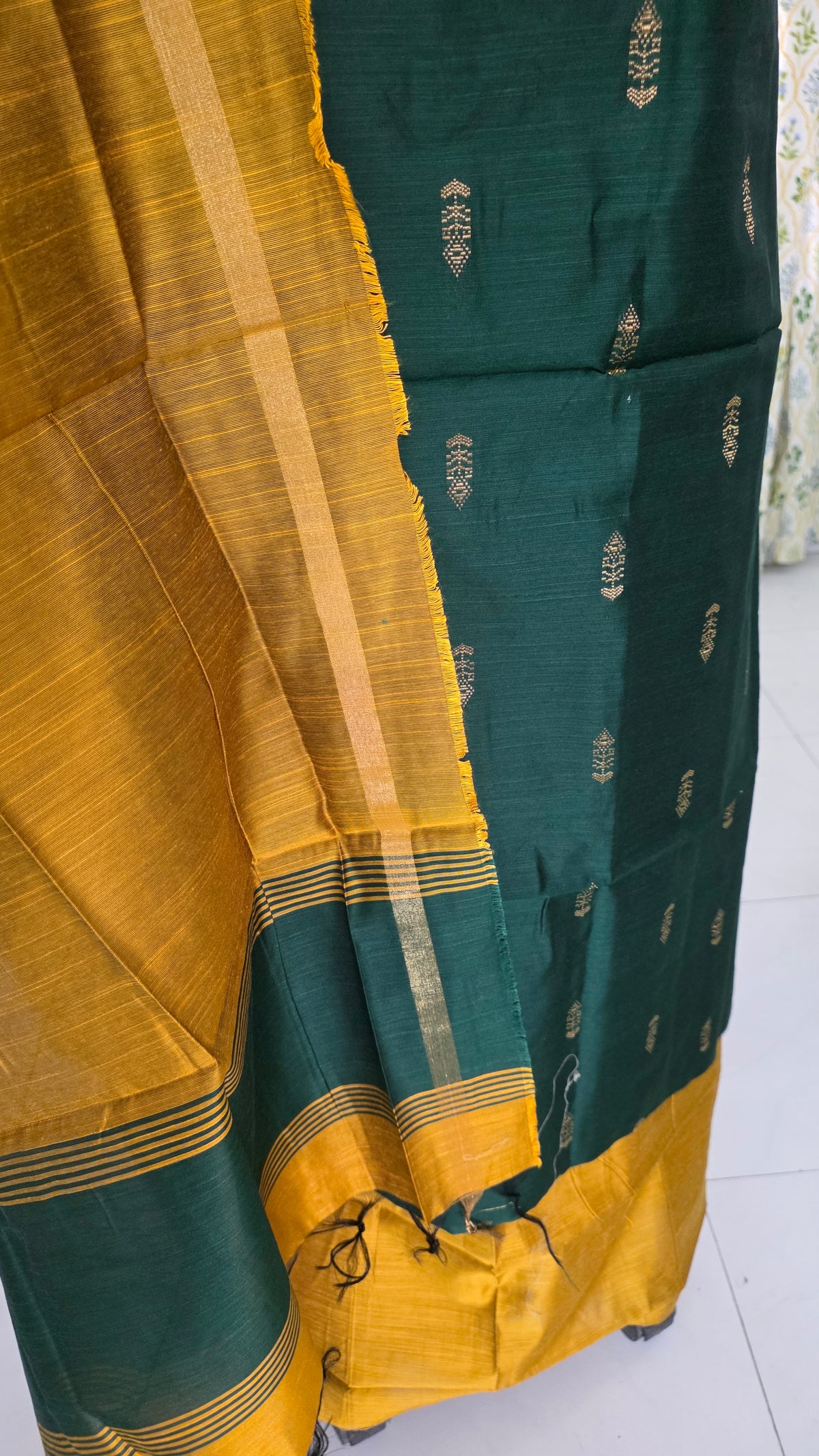 Green Yellow Cotton Silk Weaving Unstitched dress material Suit set