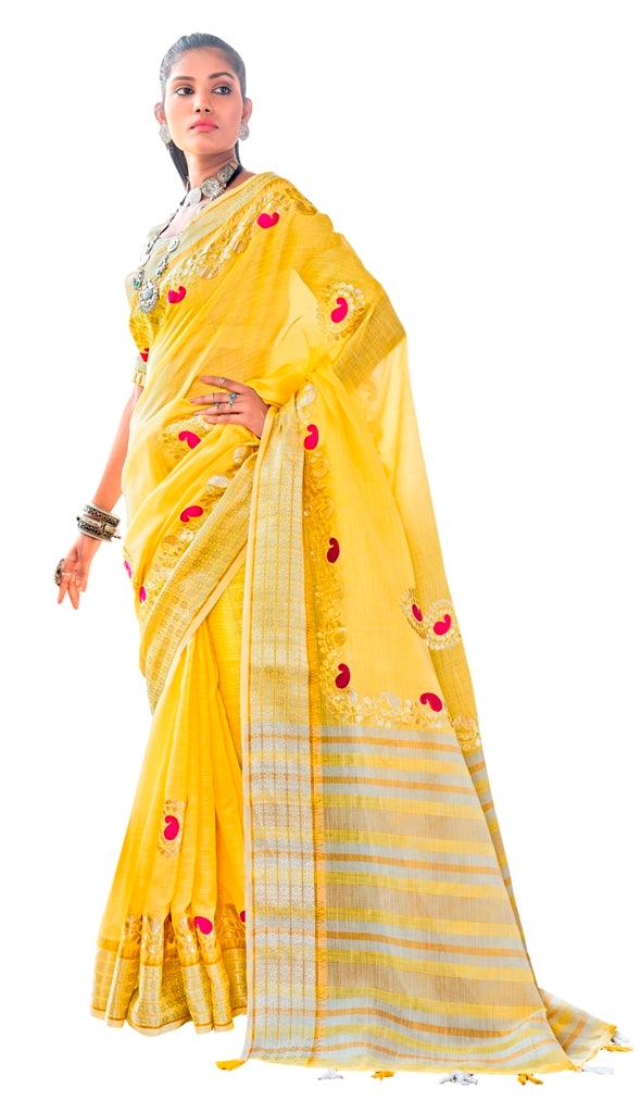 Wholesale Set of 5 Soft Linen Cotton Sarees with Gota Patti work Elegant Weaving Border