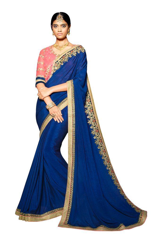 Set of 4 Designer Satin Georgette Sarees with Embroidered Borders & Heavy Work Blouse | Wholesale Party Wear Sarees Combo