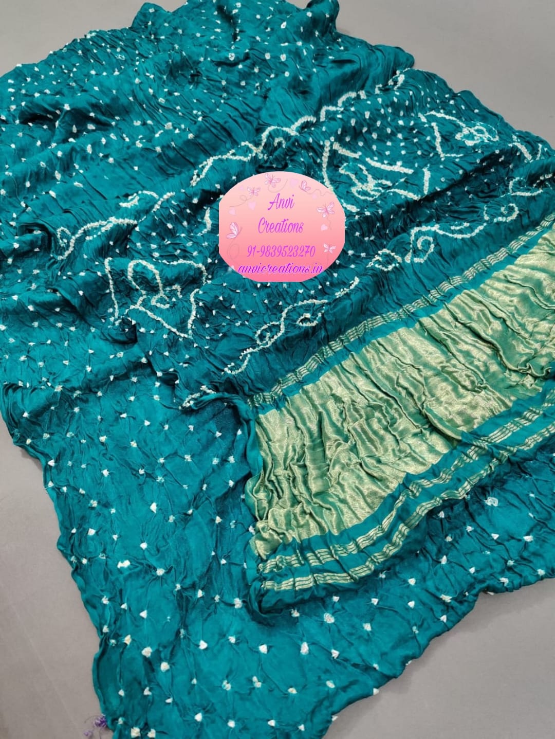 Turquoise Green Jaipuri Handcrafted Modal Gajji Bandhani Saree with Lagdi Patta Authentic Bandhej BANL02