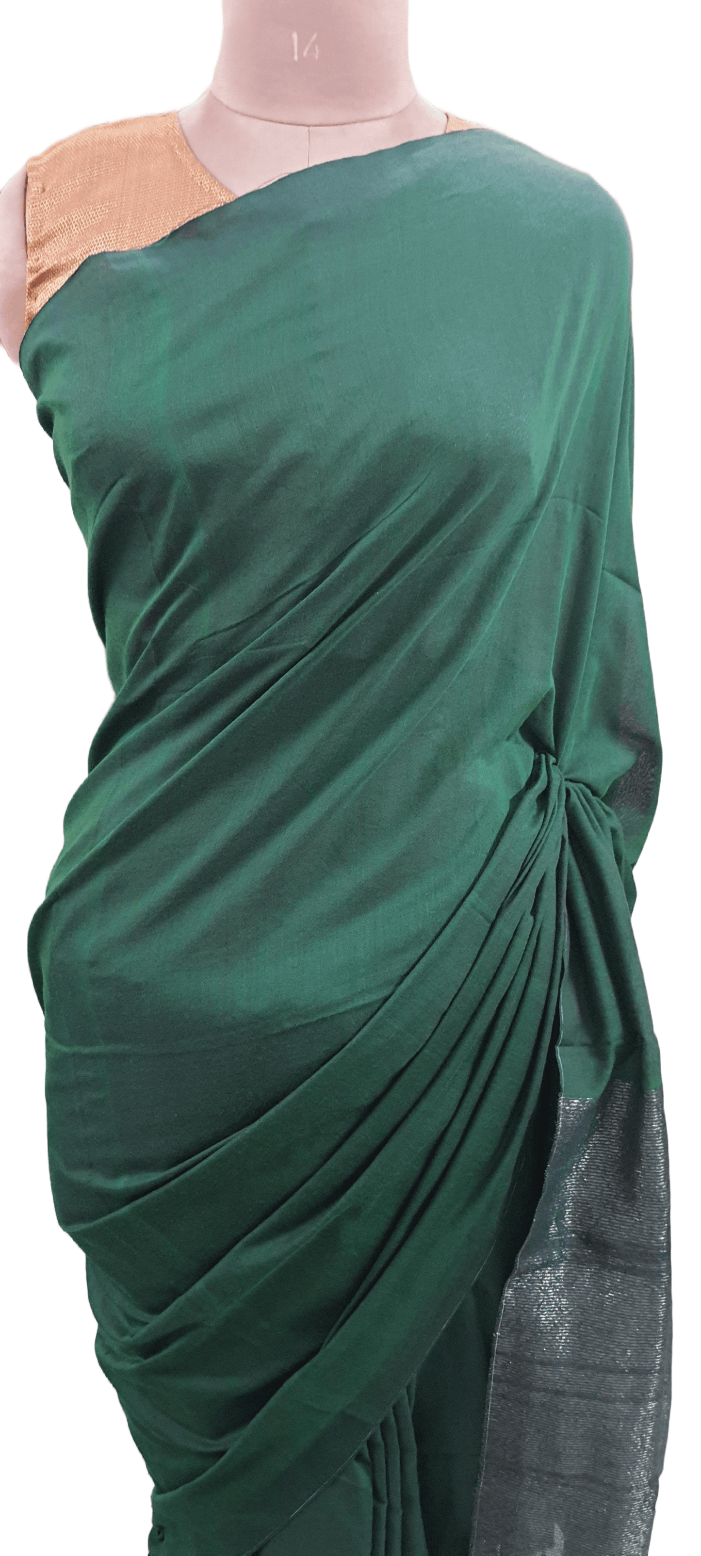 Dark Green Handloom Cotton Saree with Pure Ikkat Silk Blouse BHR01 - Ethnic's By Anvi Creations