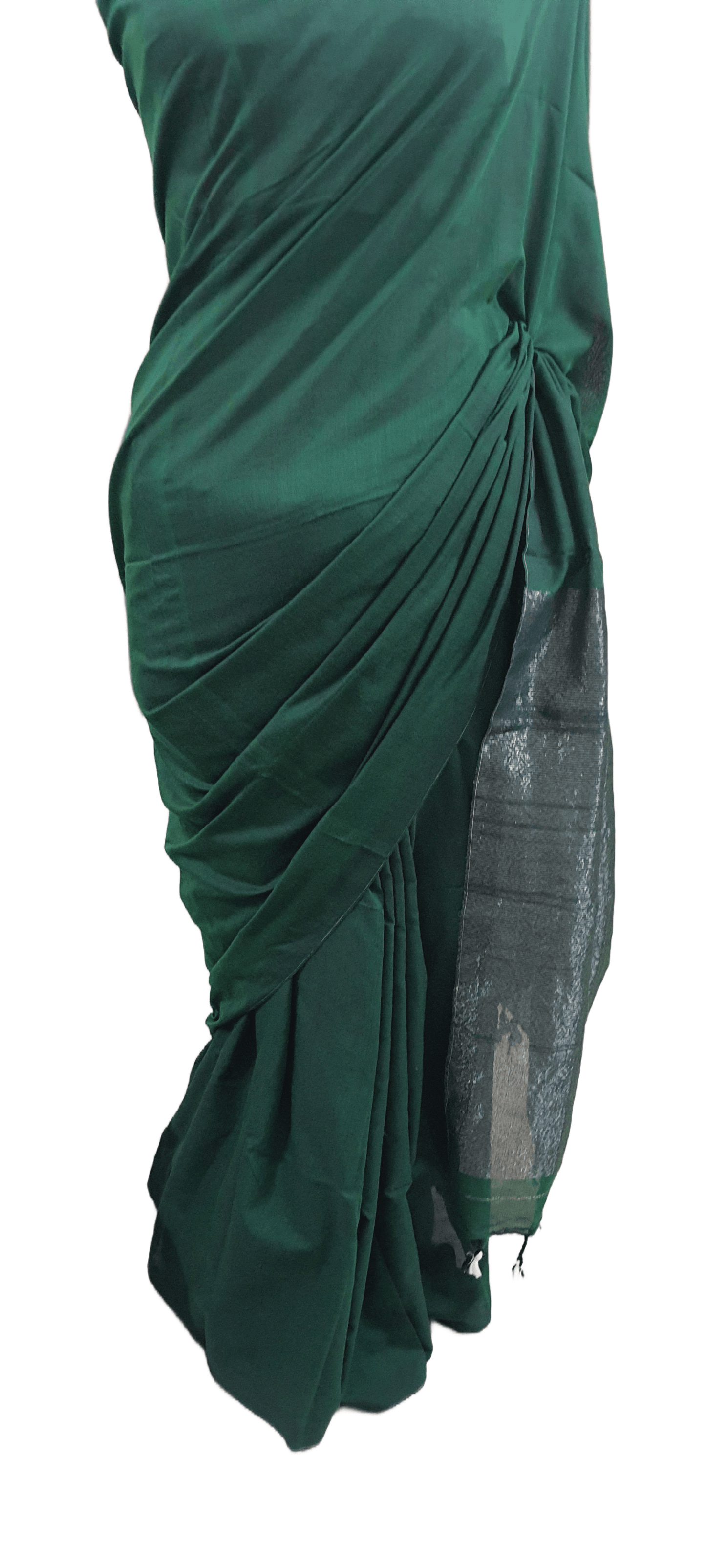Dark Green Handloom Cotton Saree with Pure Ikkat Silk Blouse BHR01 - Ethnic's By Anvi Creations
