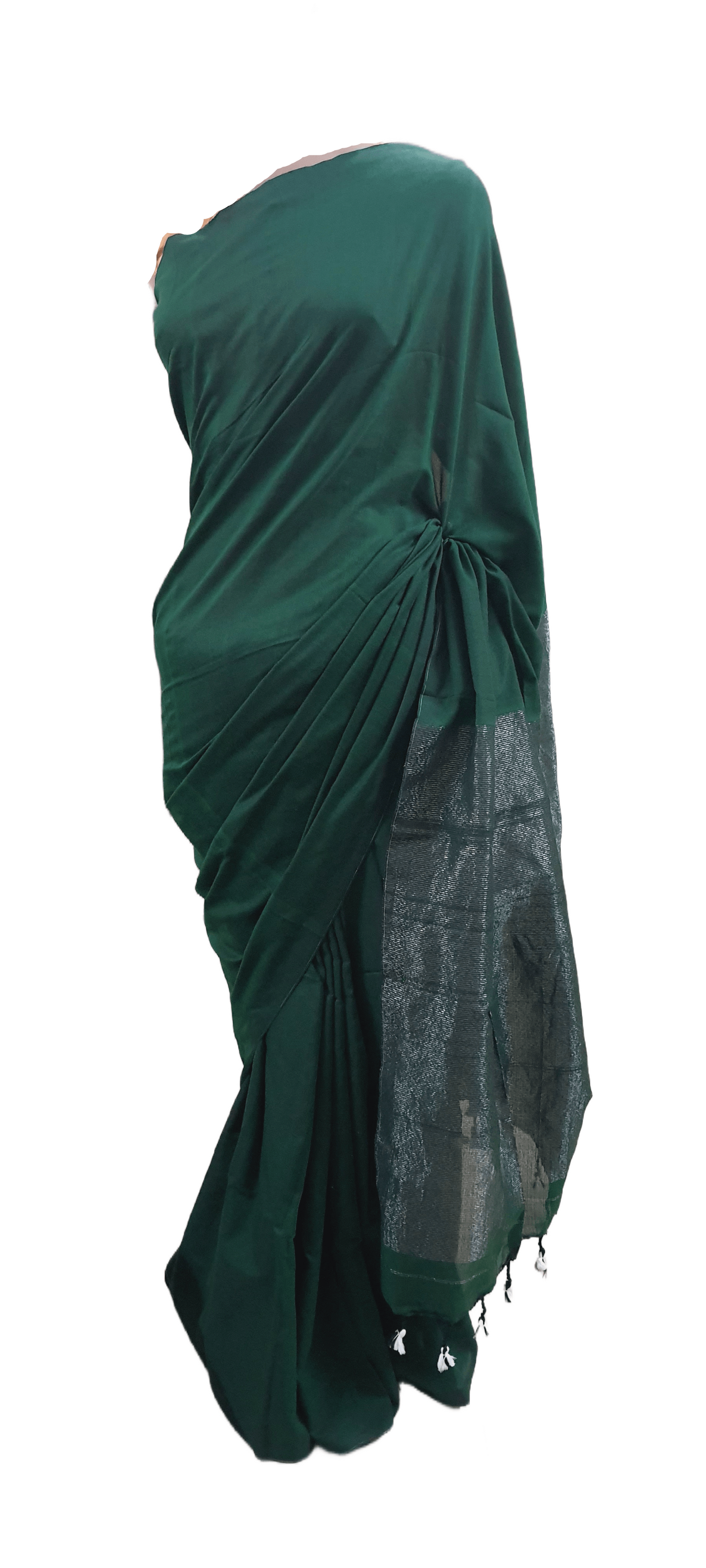 Dark Green Handloom Cotton Saree with Pure Ikkat Silk Blouse BHR01 - Ethnic's By Anvi Creations