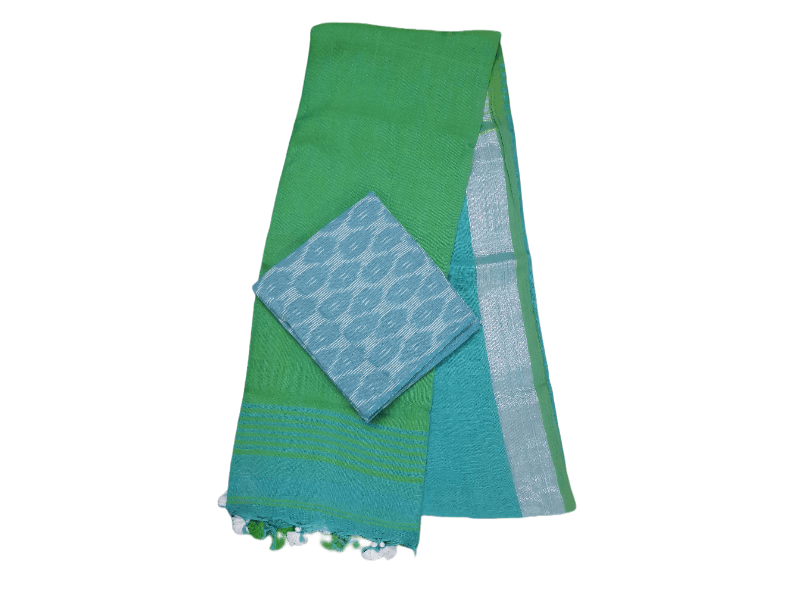 Blue Green Soft Linen Cotton Saree with Pure Ikkat Cotton Blouse BHR05 - Ethnic's By Anvi Creations