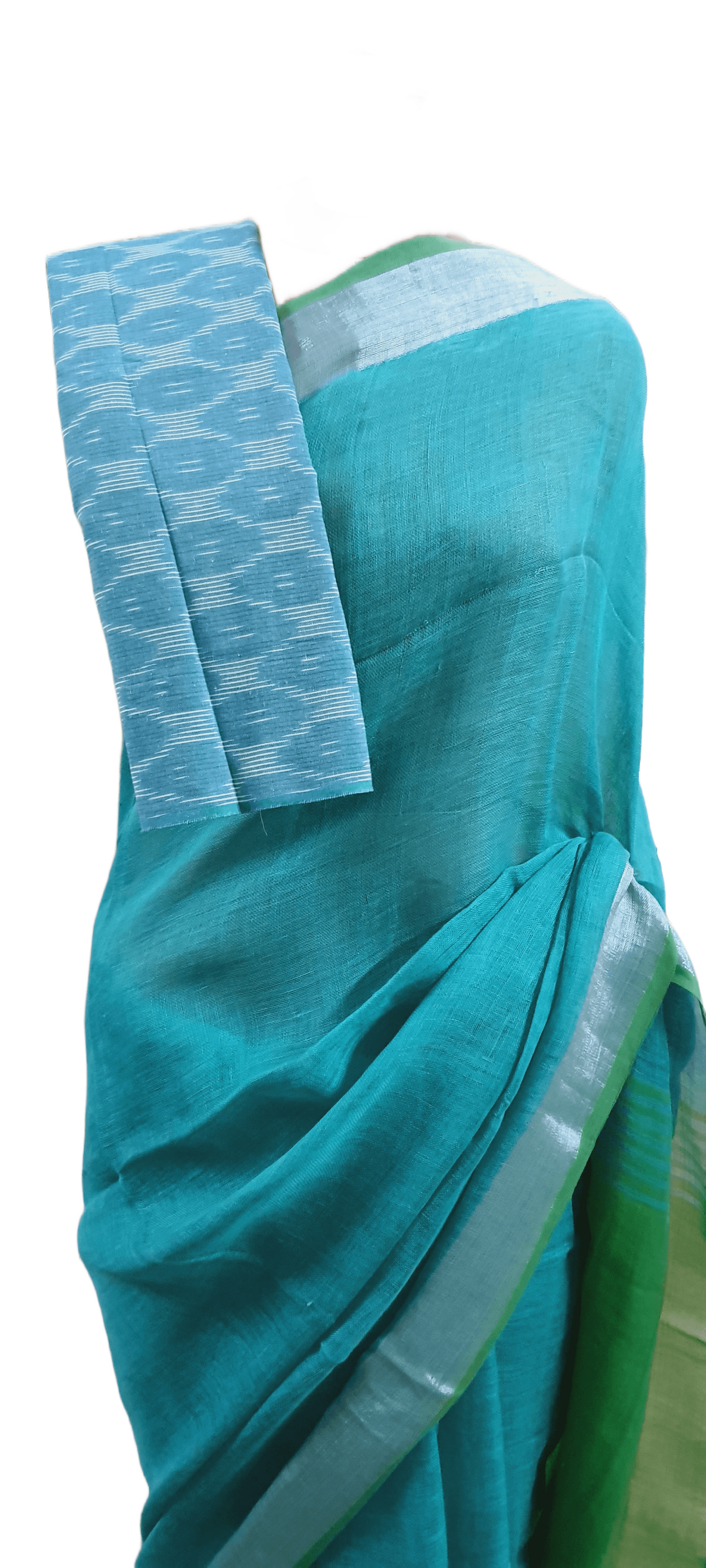 Blue Green Soft Linen Cotton Saree with Pure Ikkat Cotton Blouse BHR05 - Ethnic's By Anvi Creations