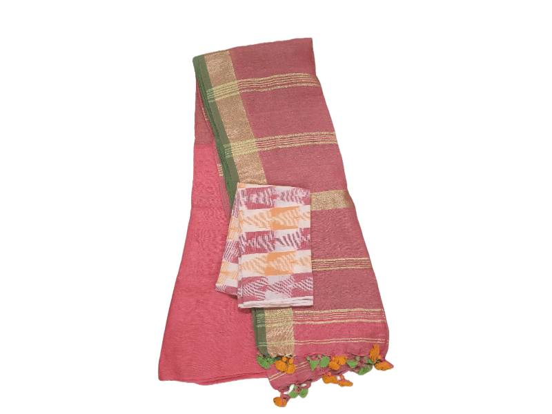 Pink Soft Linen Cotton Saree with Pure Ikkat Cotton Blouse BHR06 - Ethnic's By Anvi Creations