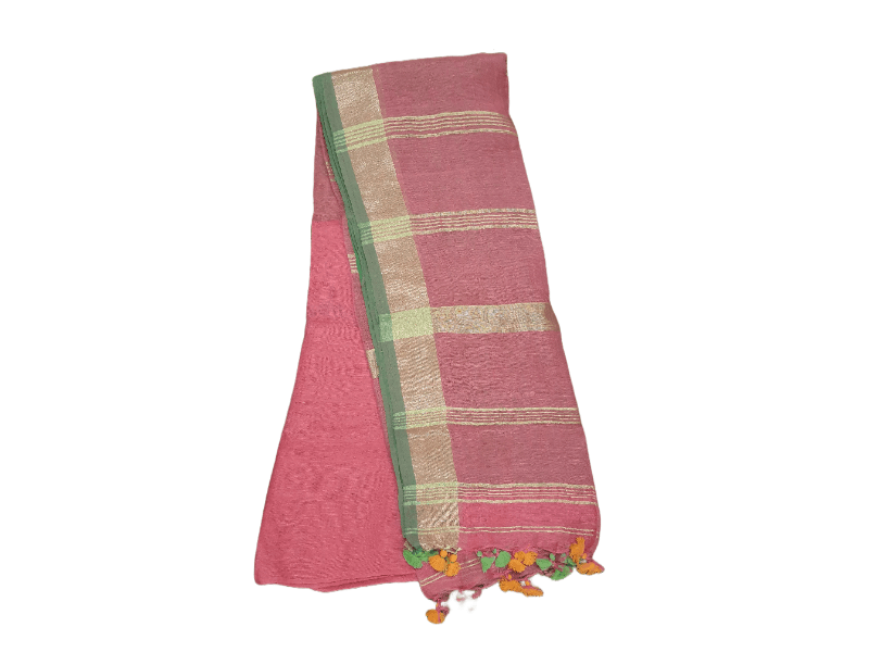 Pink Soft Linen Cotton Saree with Pure Ikkat Cotton Blouse BHR06 - Ethnic's By Anvi Creations