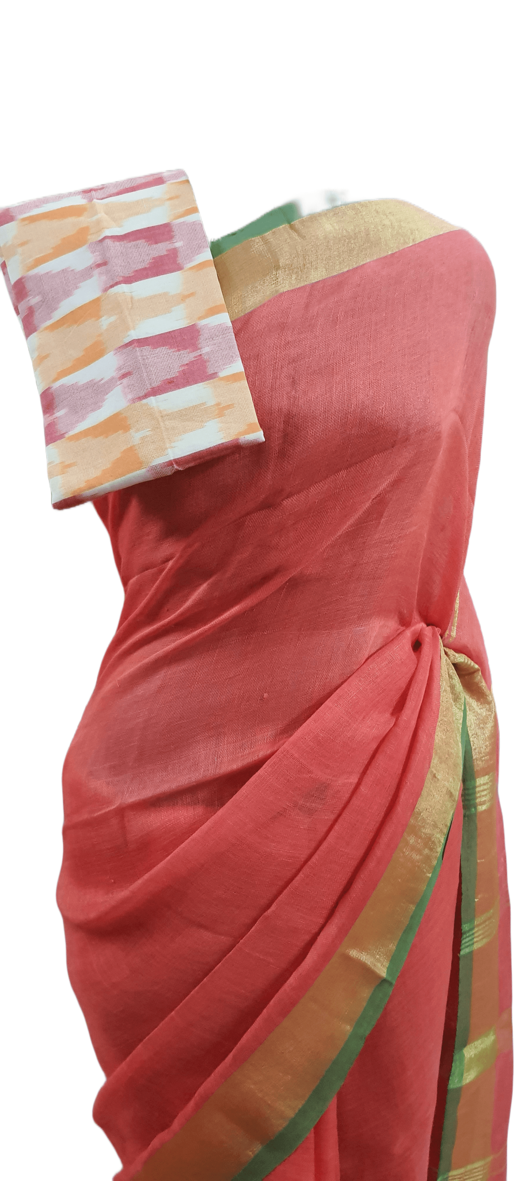 Pink Soft Linen Cotton Saree with Pure Ikkat Cotton Blouse BHR06 - Ethnic's By Anvi Creations