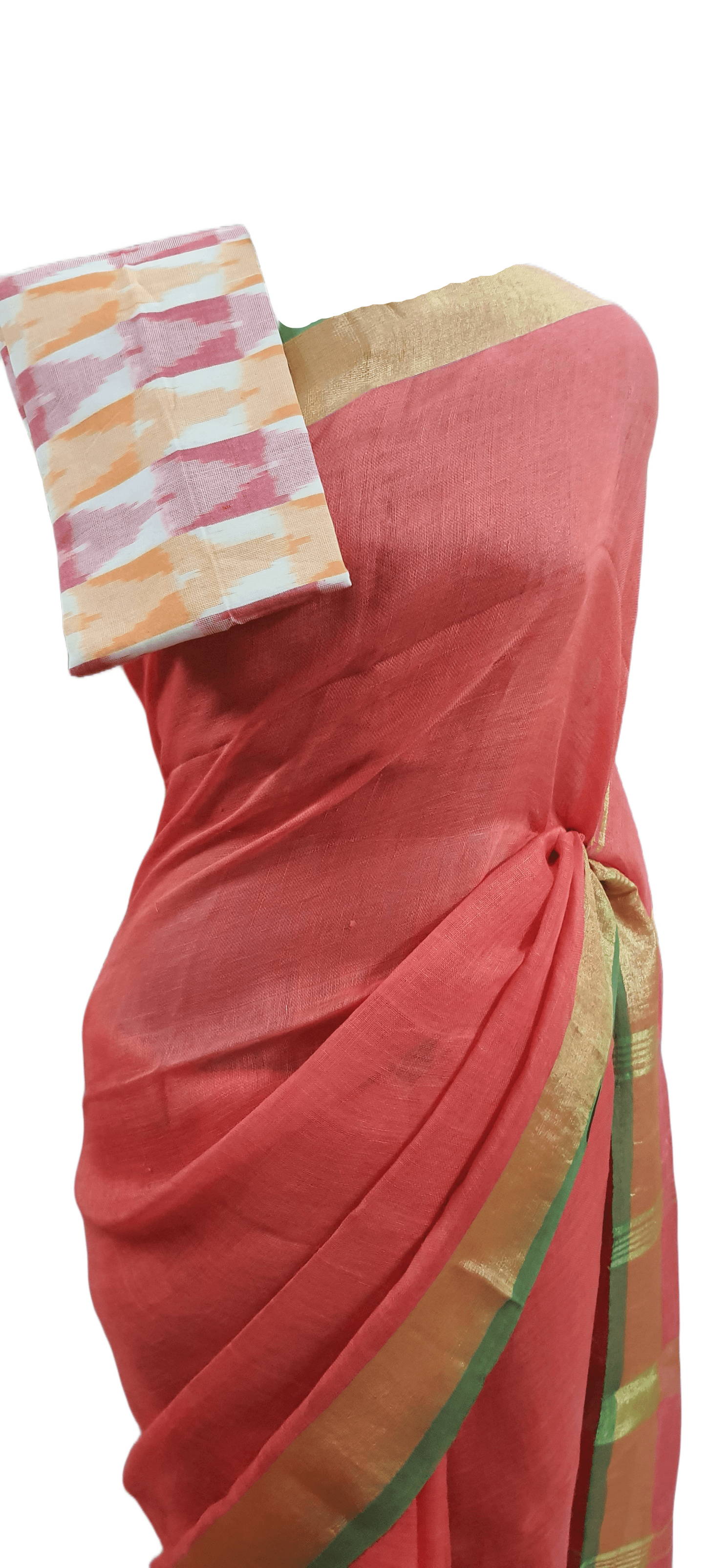 Pink Soft Linen Cotton Saree with Pure Ikkat Cotton Blouse BHR06 - Ethnic's By Anvi Creations