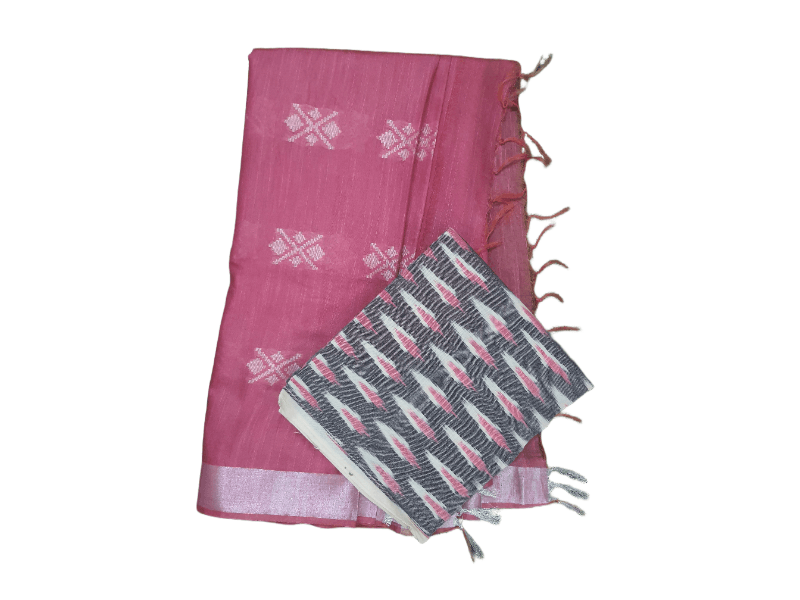 Pink Weaven Linen Cotton Saree with Pure Ikkat Cotton Blouse BHR07 - Ethnic's By Anvi Creations