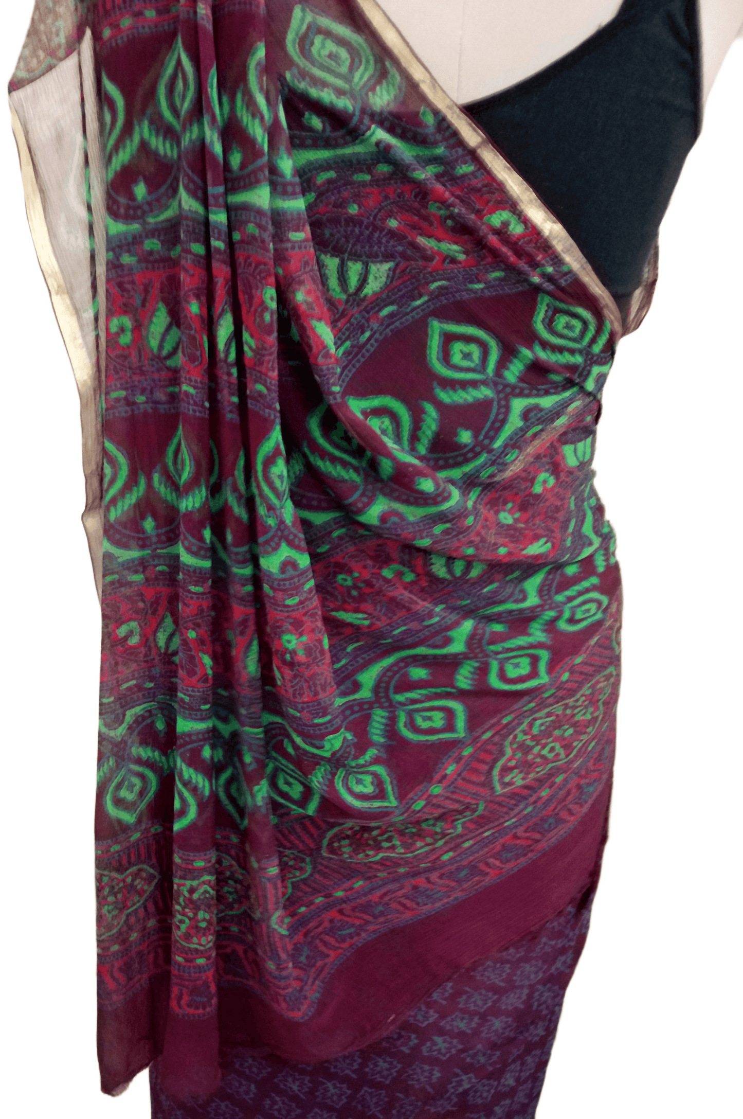 Purple Pure Chiffon Block Printed Saree BPC1-Anvi Creations-Handloom