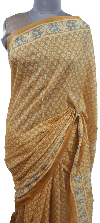 Yellow screen Printed Mulmul Cotton saree BPKO01 - Ethnic's By Anvi Creations