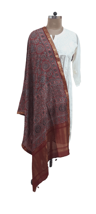 Maroon Munga Silk Ajrakh Printed Dupatta With Weaving Border and palla DP101 - Ethnic's By Anvi Creations