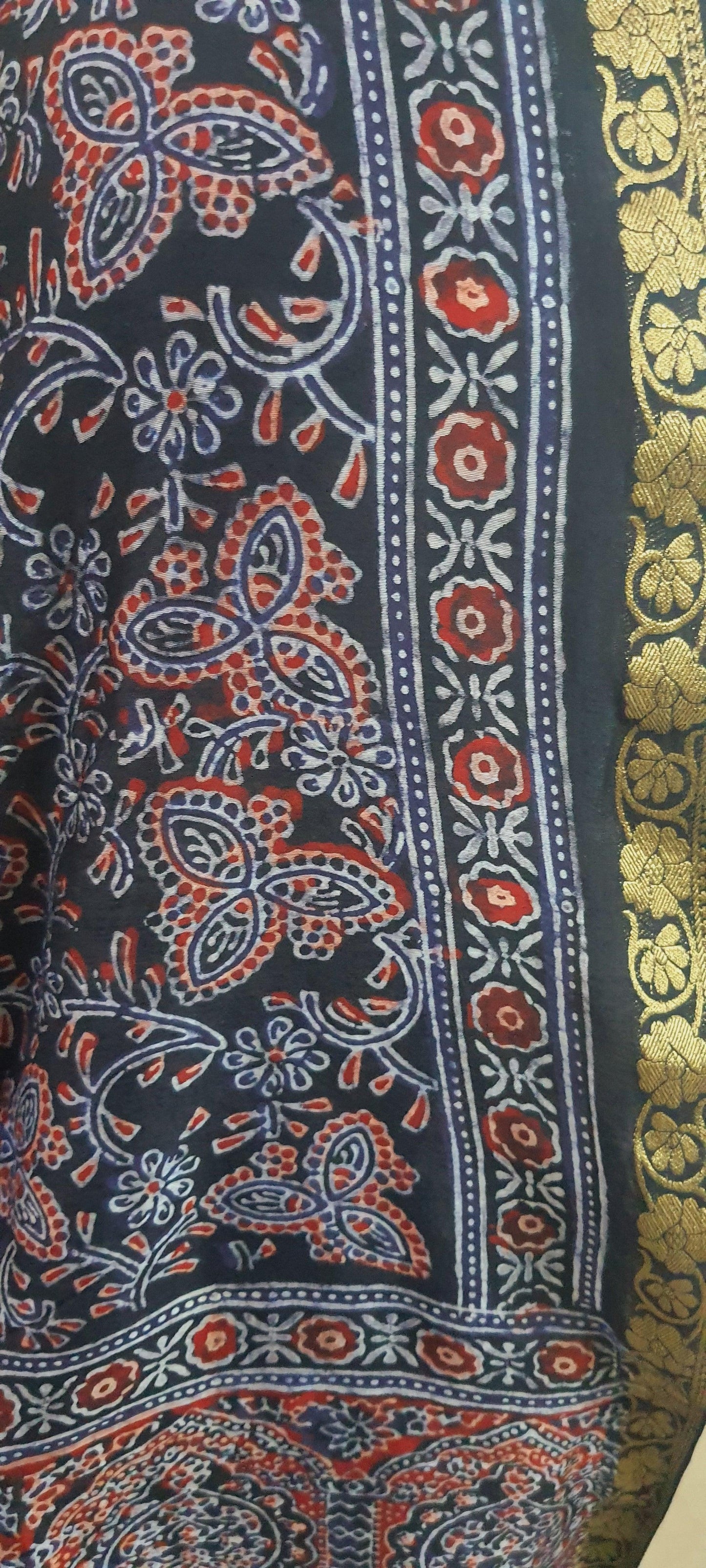 Indigo Blue Munga Silk Ajrakh Printed Dupatta With Weaving Border and palla DP102 - Ethnic's By Anvi Creations