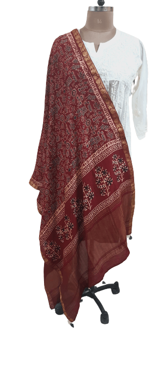 Maroonish Red Munga Silk Ajrakh Printed Dupatta With Weaving Border and palla DP103 - Ethnic's By Anvi Creations