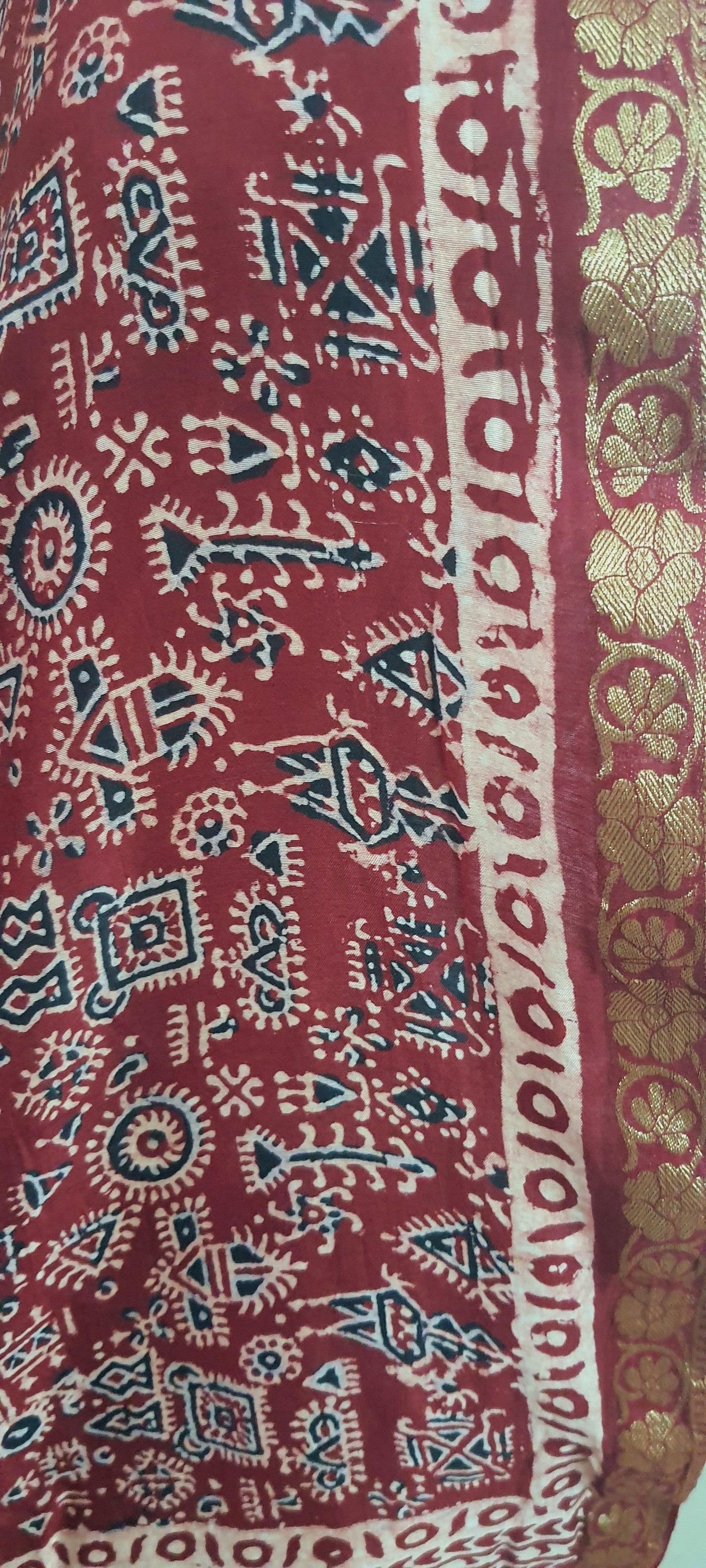 Maroonish Red Munga Silk Ajrakh Printed Dupatta With Weaving Border and palla DP103 - Ethnic's By Anvi Creations