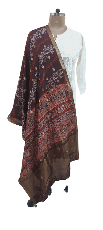 Maroon Silk Zari Weaving Ajrakh Printed Dupatta DP104 - Ethnic's By Anvi Creations