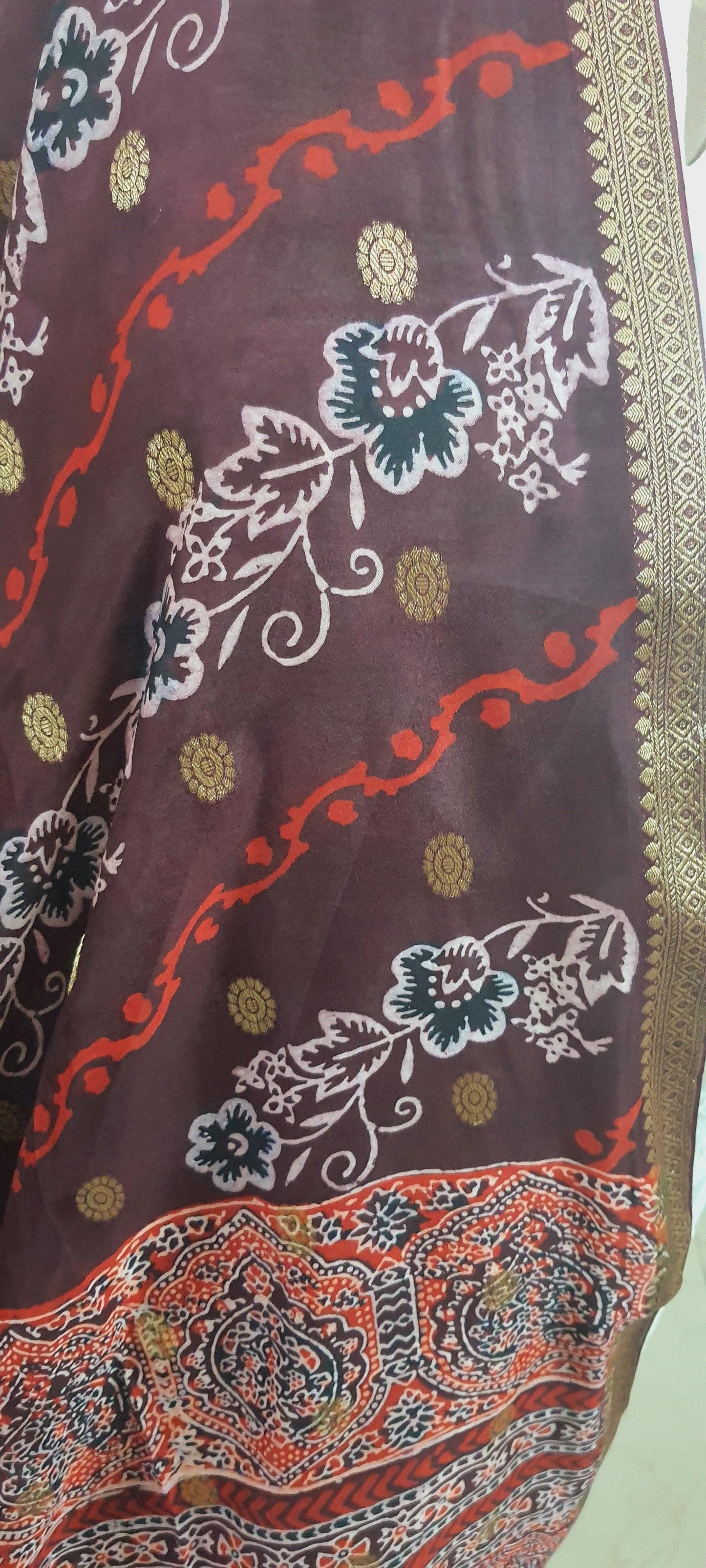 Maroon Silk Zari Weaving Ajrakh Printed Dupatta DP104 - Ethnic's By Anvi Creations